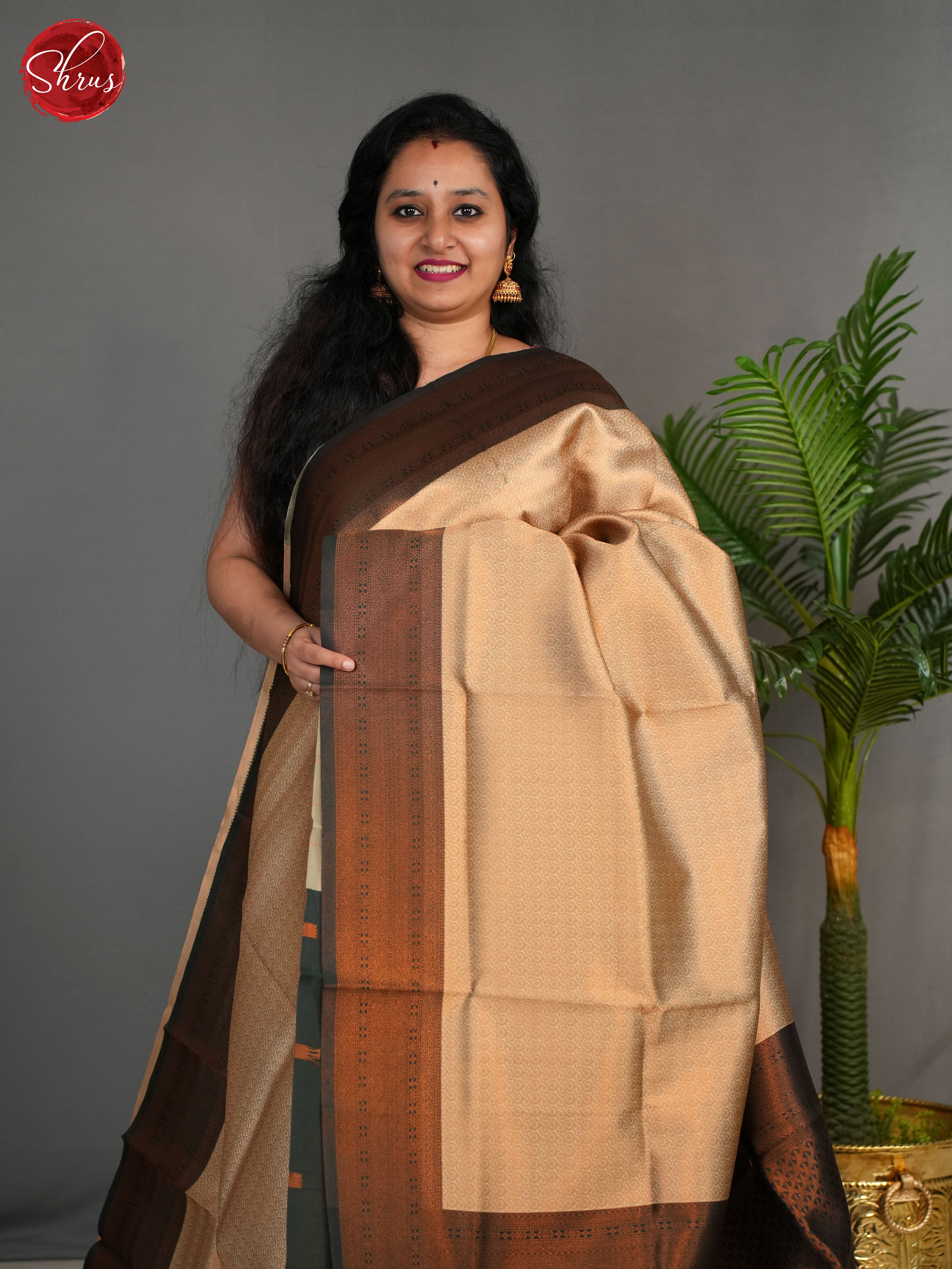 Cream and Green- Semi Kanchipuram Saree - Shop on ShrusEternity.com