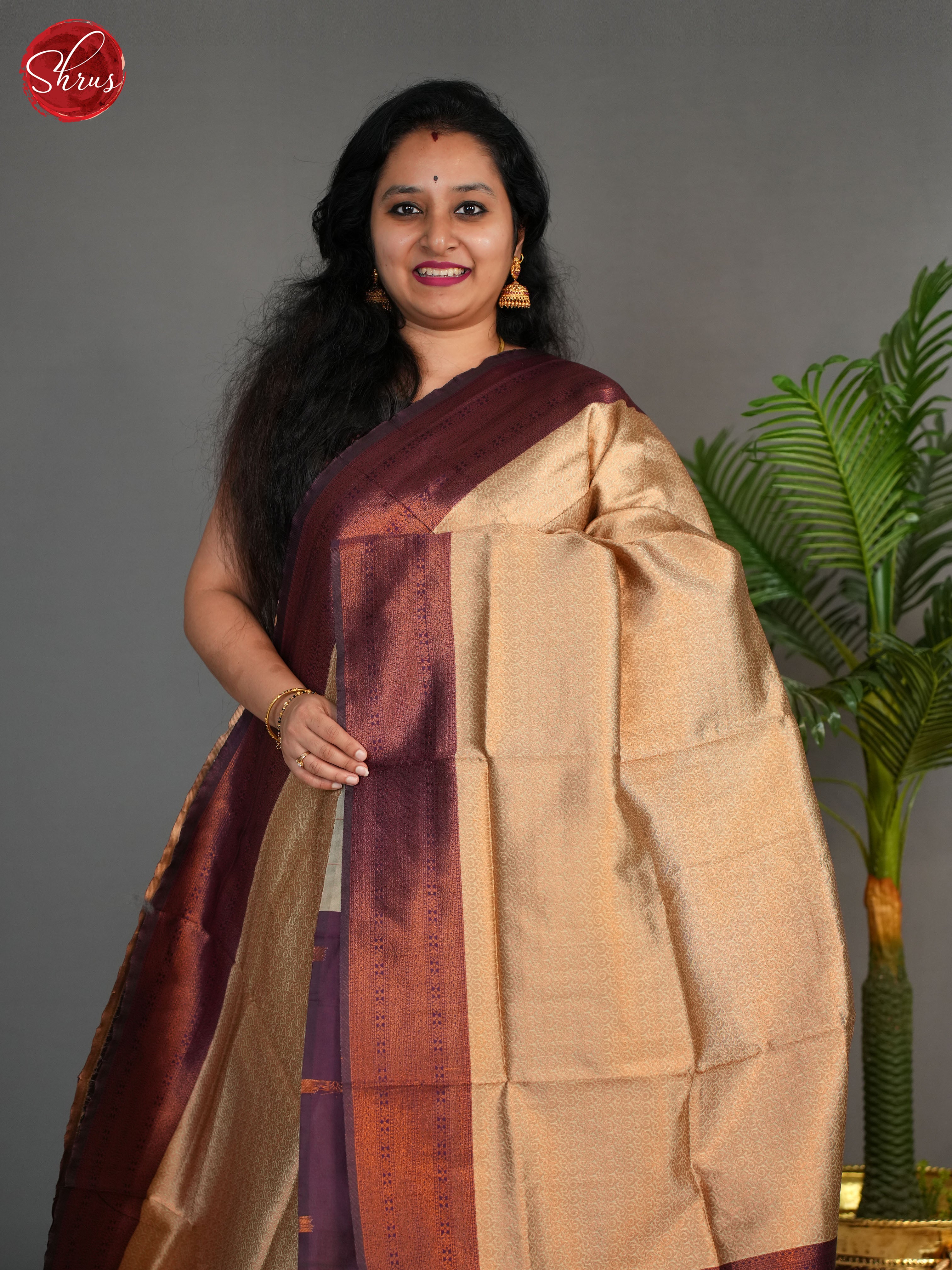 Beige & Wine- Semi Kanchipuram Saree - Shop on ShrusEternity.com