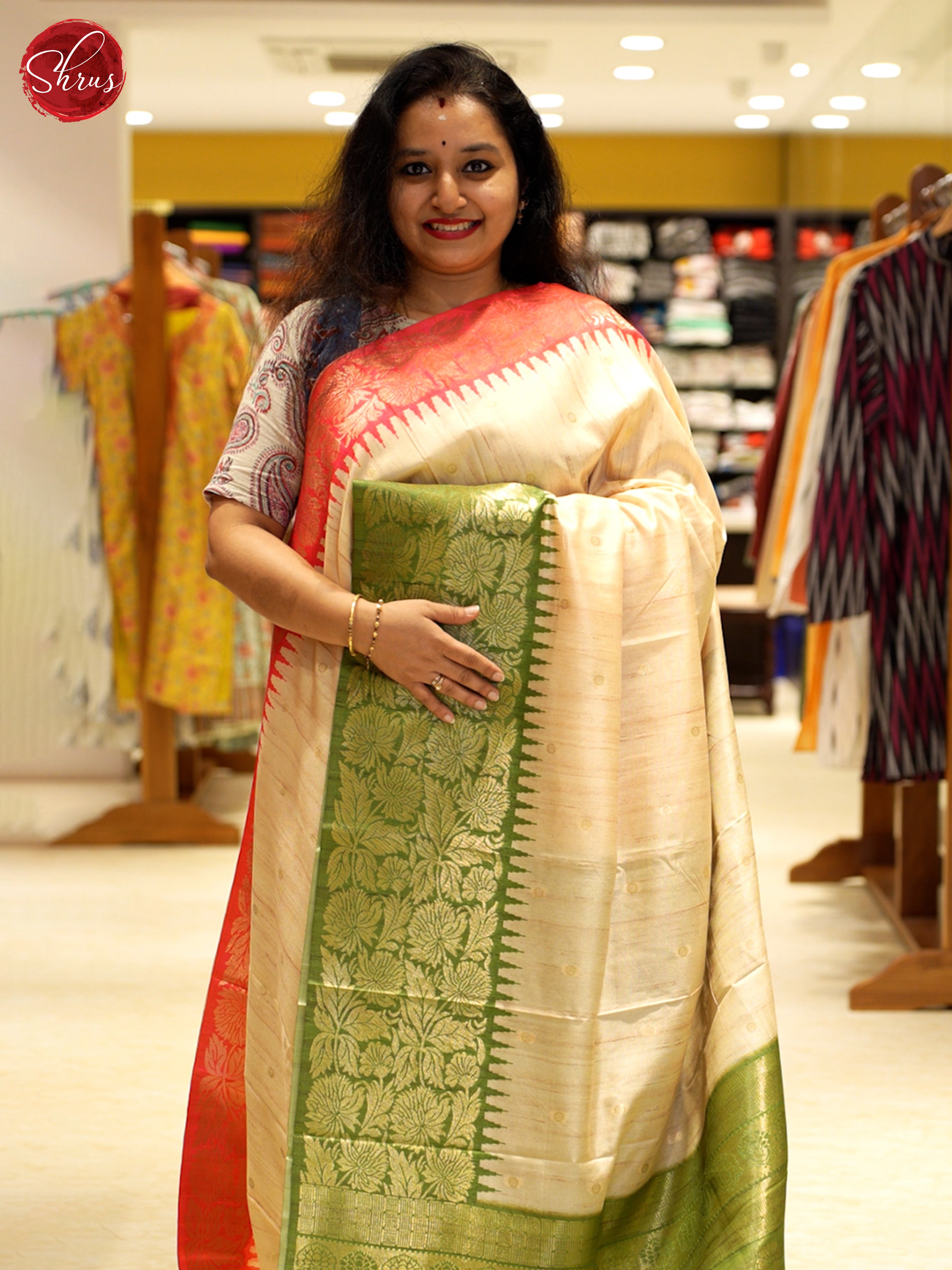 Beige & Green - Semi Rawsilk Saree - Shop on ShrusEternity.com