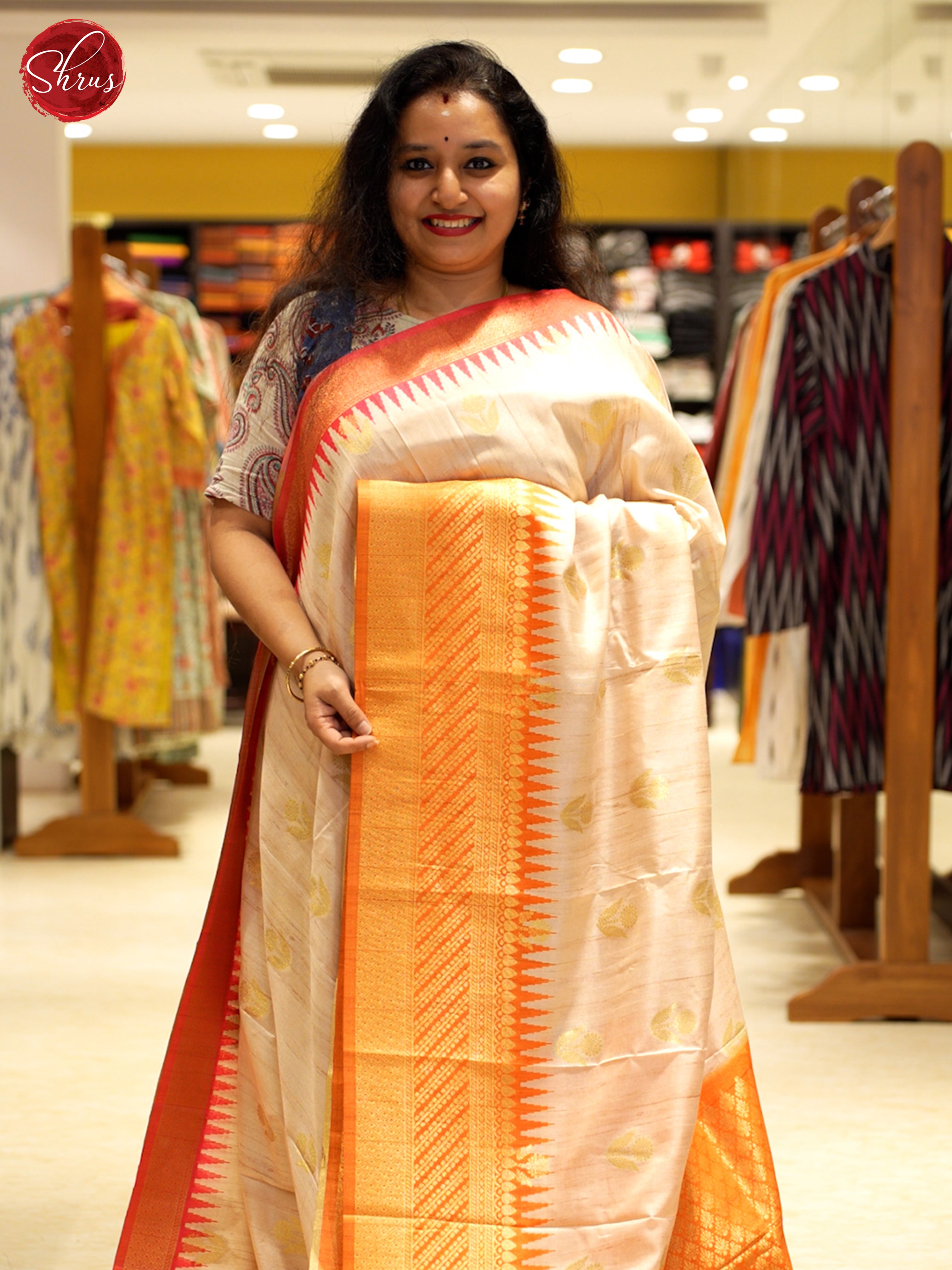 Beige & Orange - Semi Rawsilk Saree - Shop on ShrusEternity.com