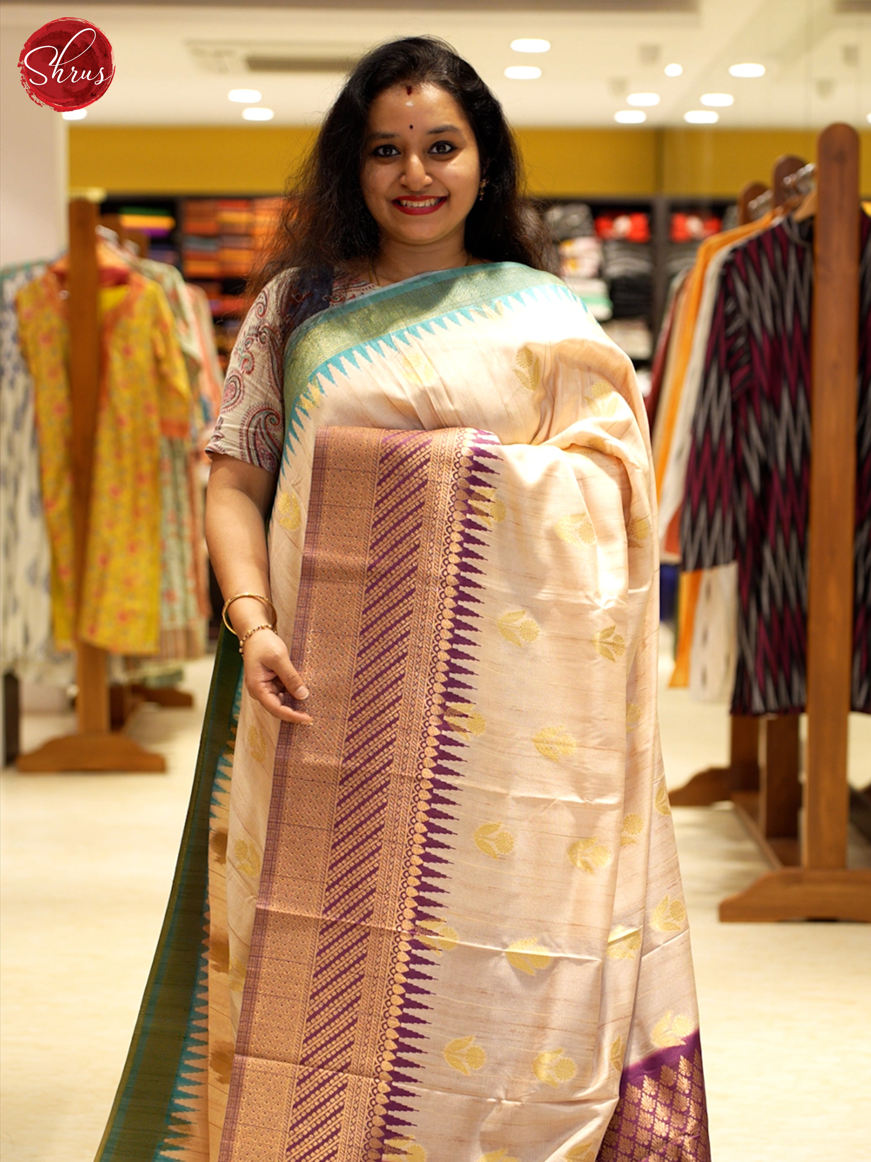 Beige & Purple - Semi Rawsilk Saree - Shop on ShrusEternity.com