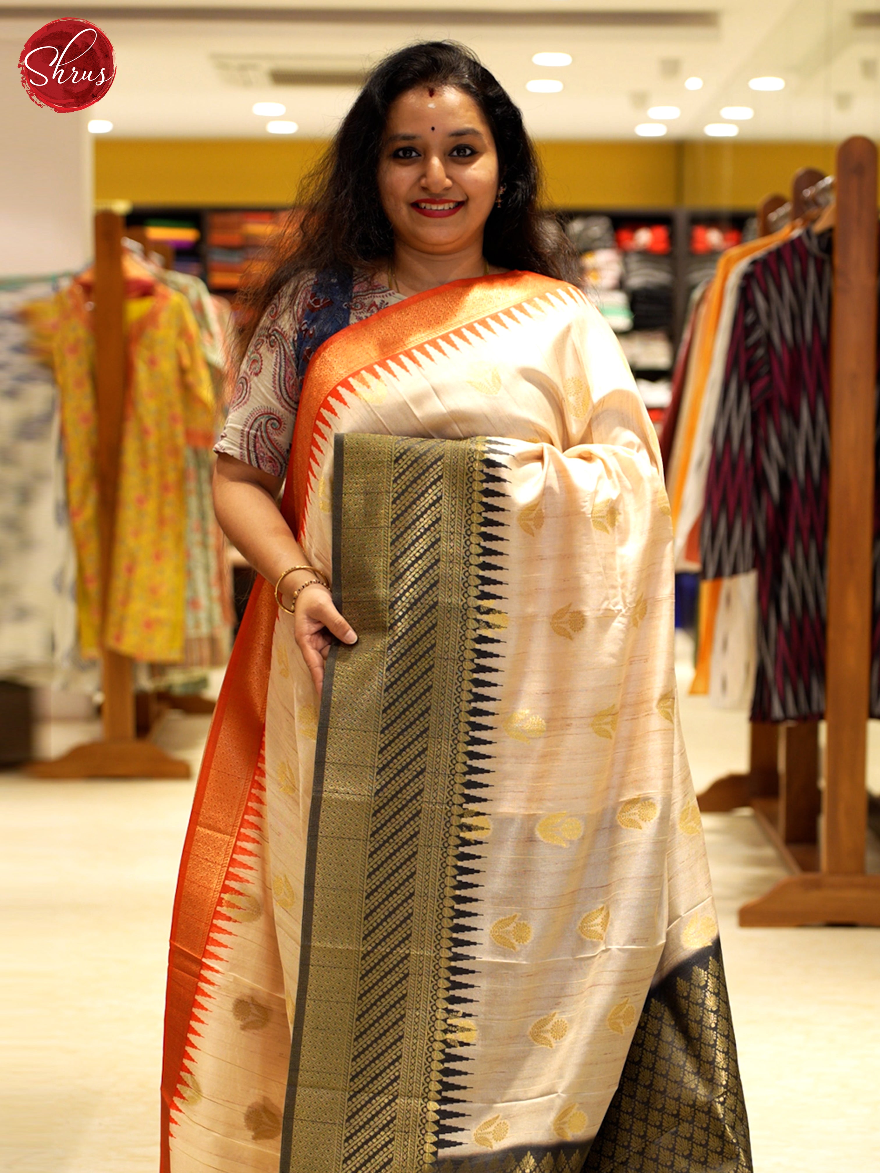 Beige & Grey- Semi Rawsilk Saree - Shop on ShrusEternity.com