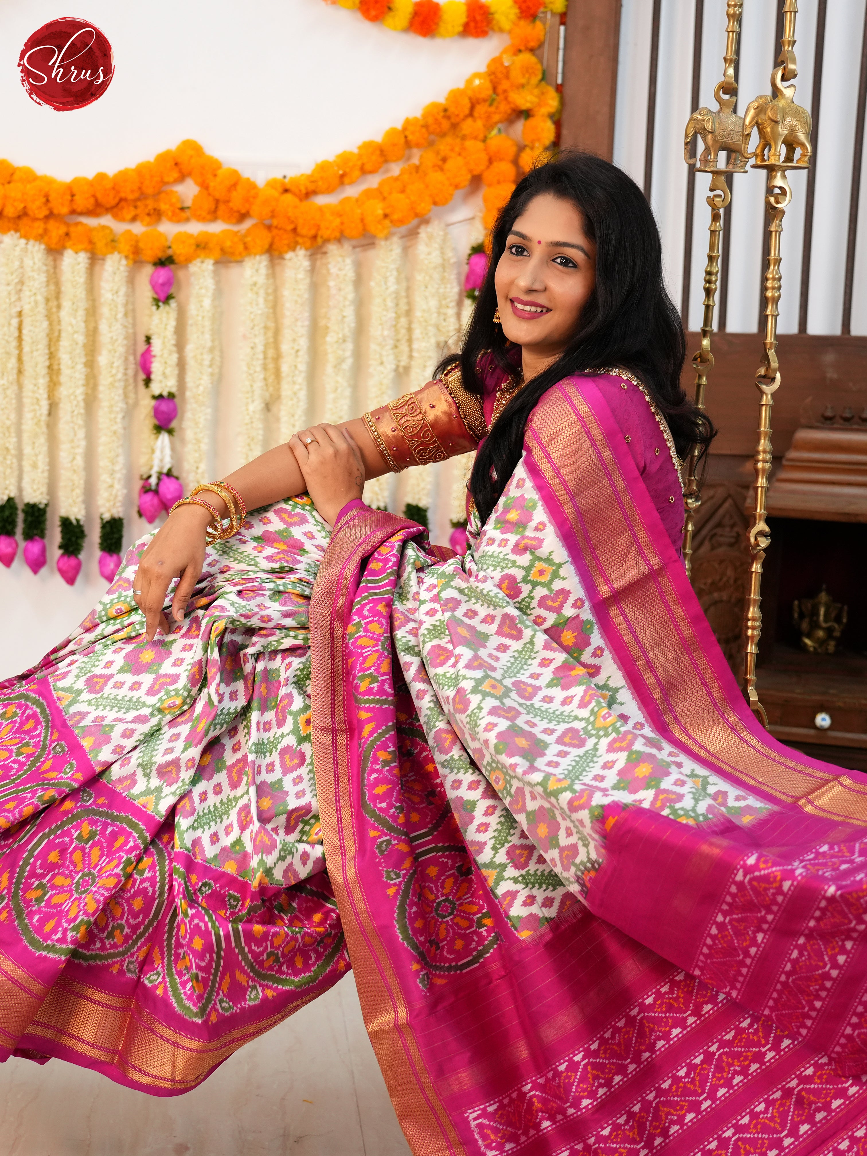 Cream & Pink - Ikkat Silk Saree - Shop on ShrusEternity.com