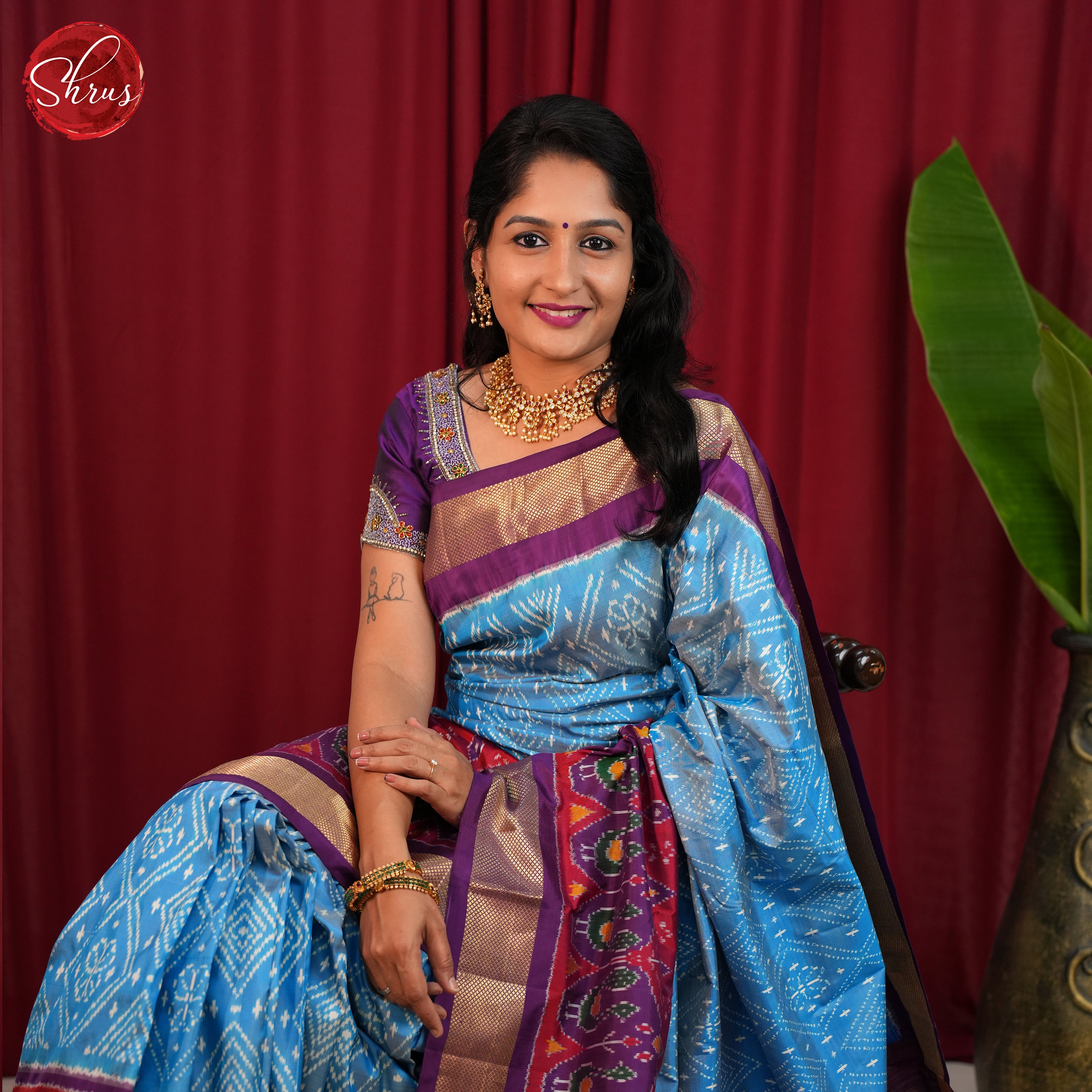 Blue & Purple - Ikkat Silk Saree - Shop on ShrusEternity.com