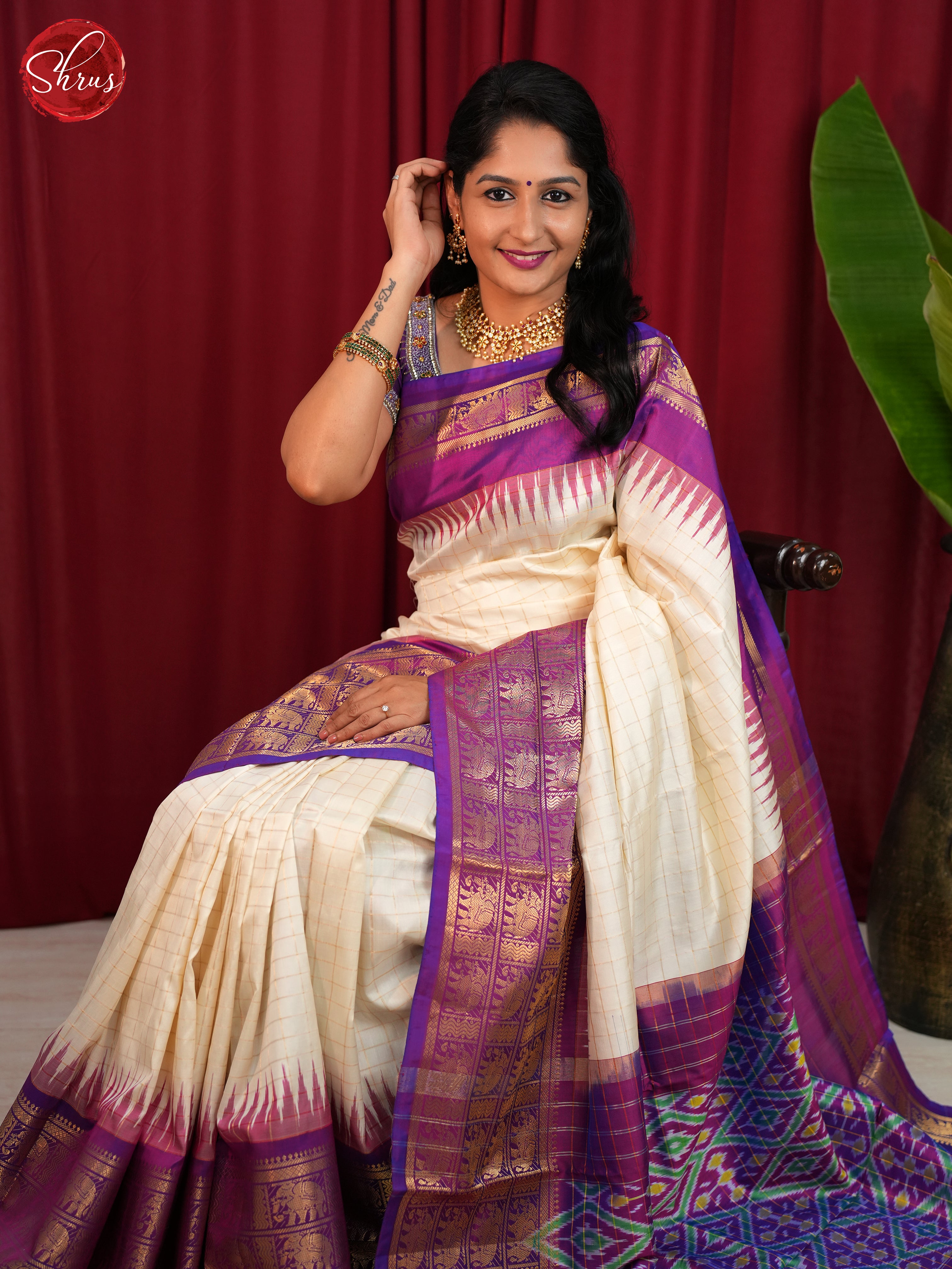 Cream & Purple - Ikkat Silk Saree - Shop on ShrusEternity.com
