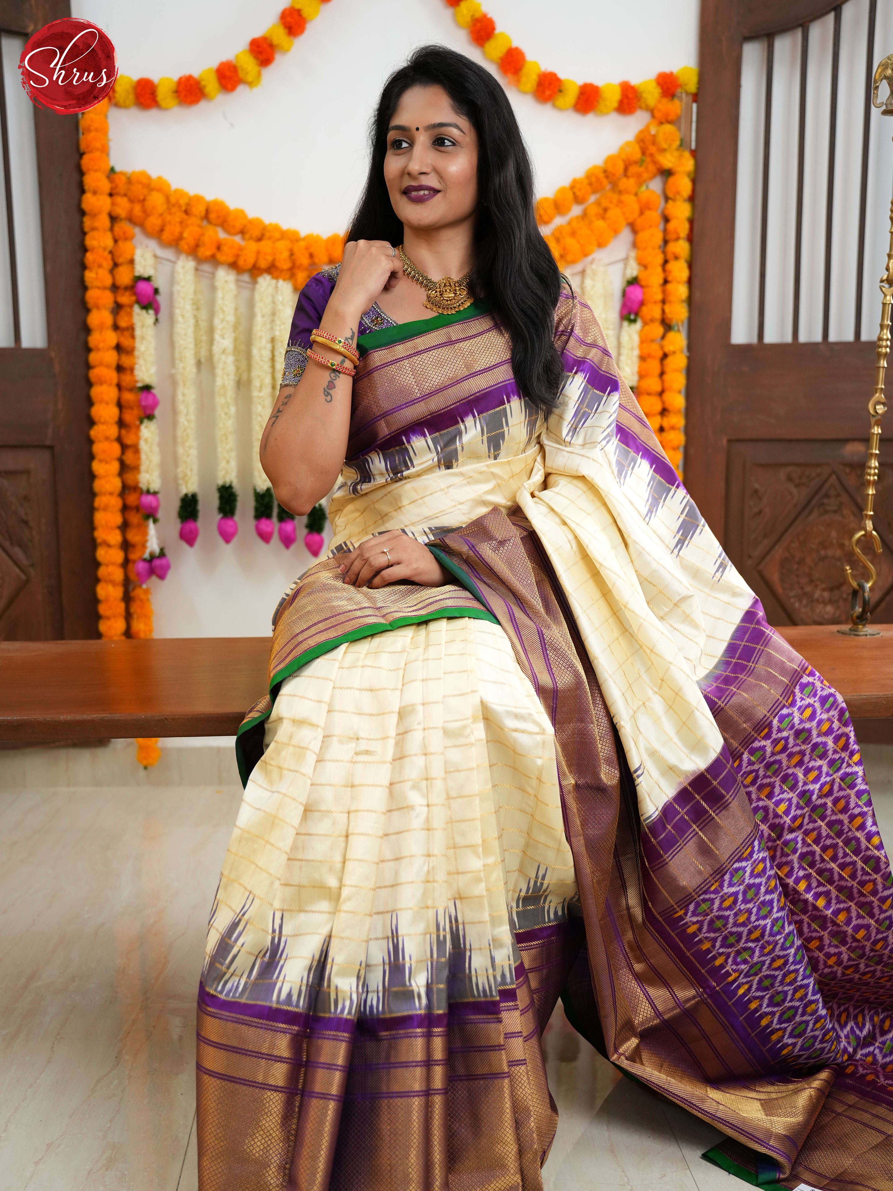 Cream & Purple- Ikkat Silk Saree - Shop on ShrusEternity.com