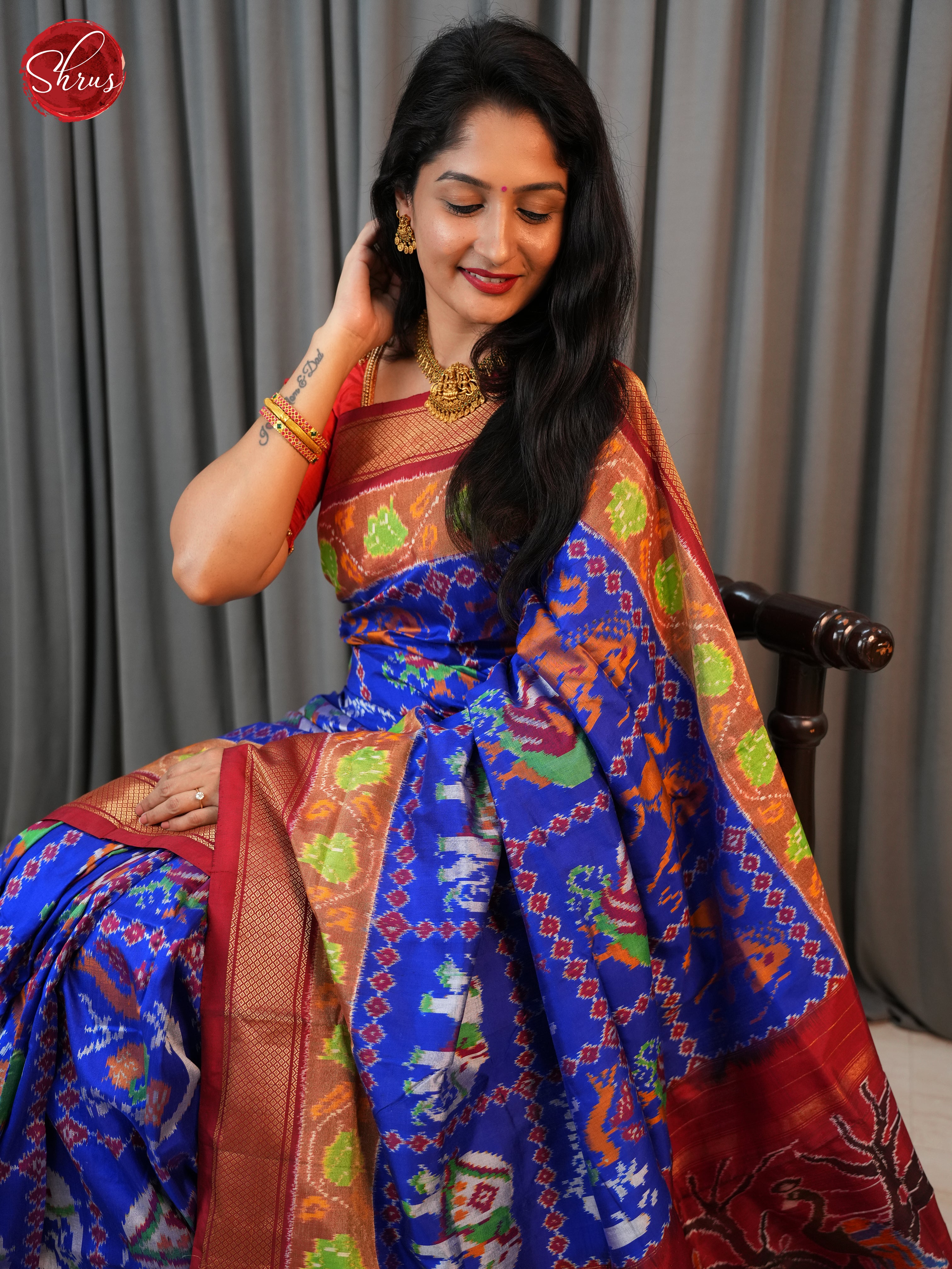 Blue & Red - Ikkat Silk Saree - Shop on ShrusEternity.com