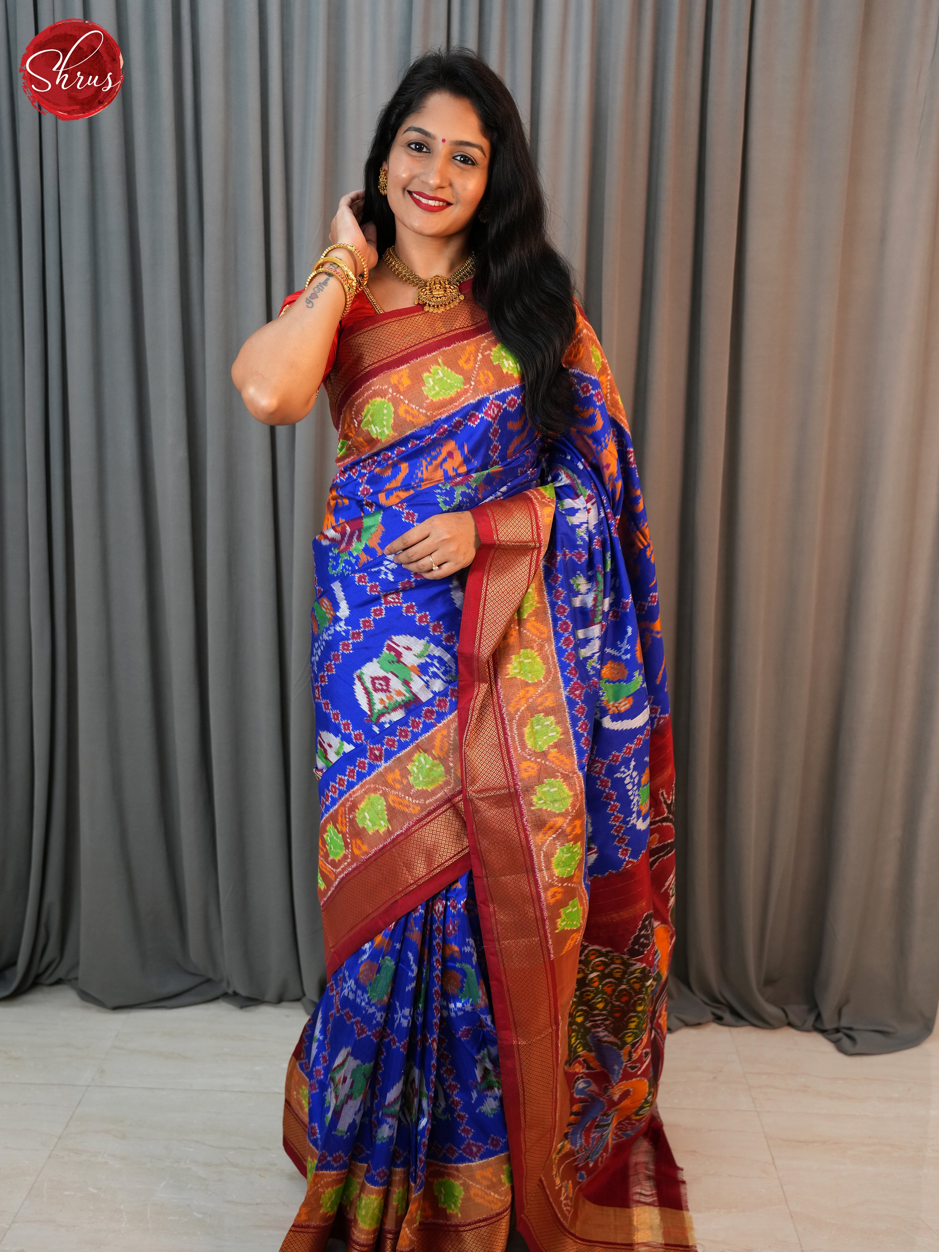 Blue & Red - Ikkat Silk Saree - Shop on ShrusEternity.com