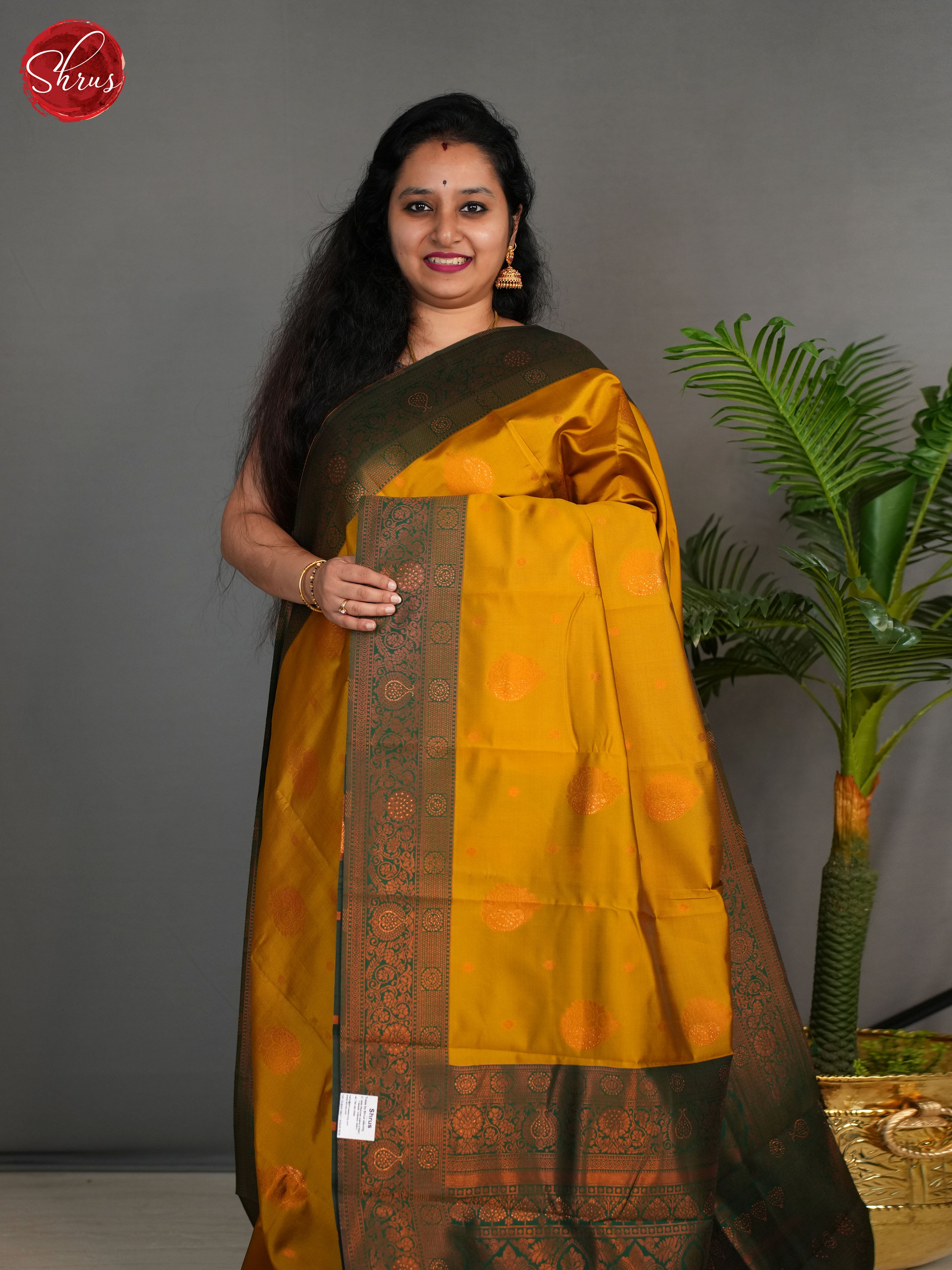 Mustard And Green-Semi Kanchipuram saree - Shop on ShrusEternity.com