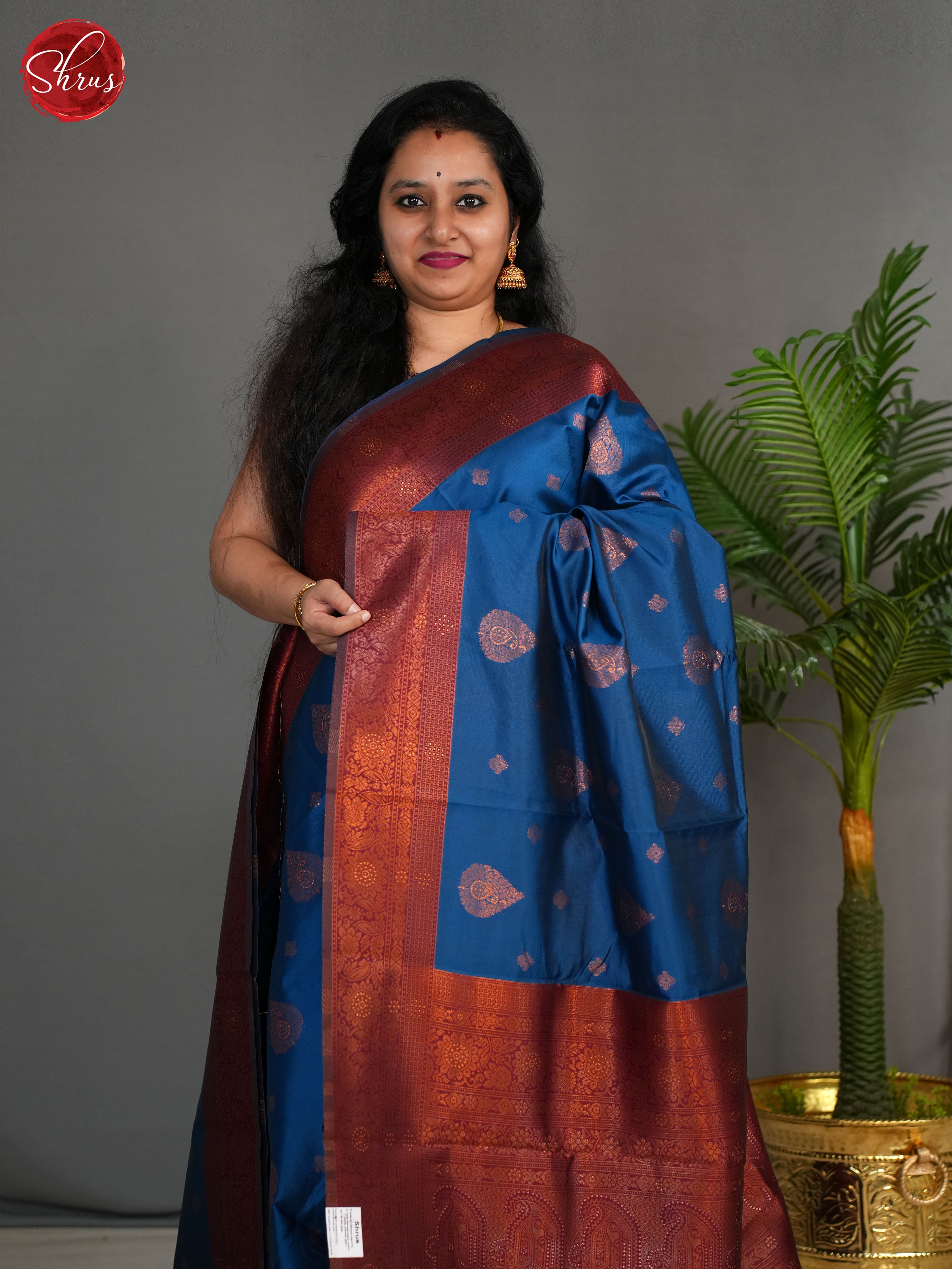 Blue And Arraku Maroon-Semi Kanchipuram saree - Shop on ShrusEternity.com