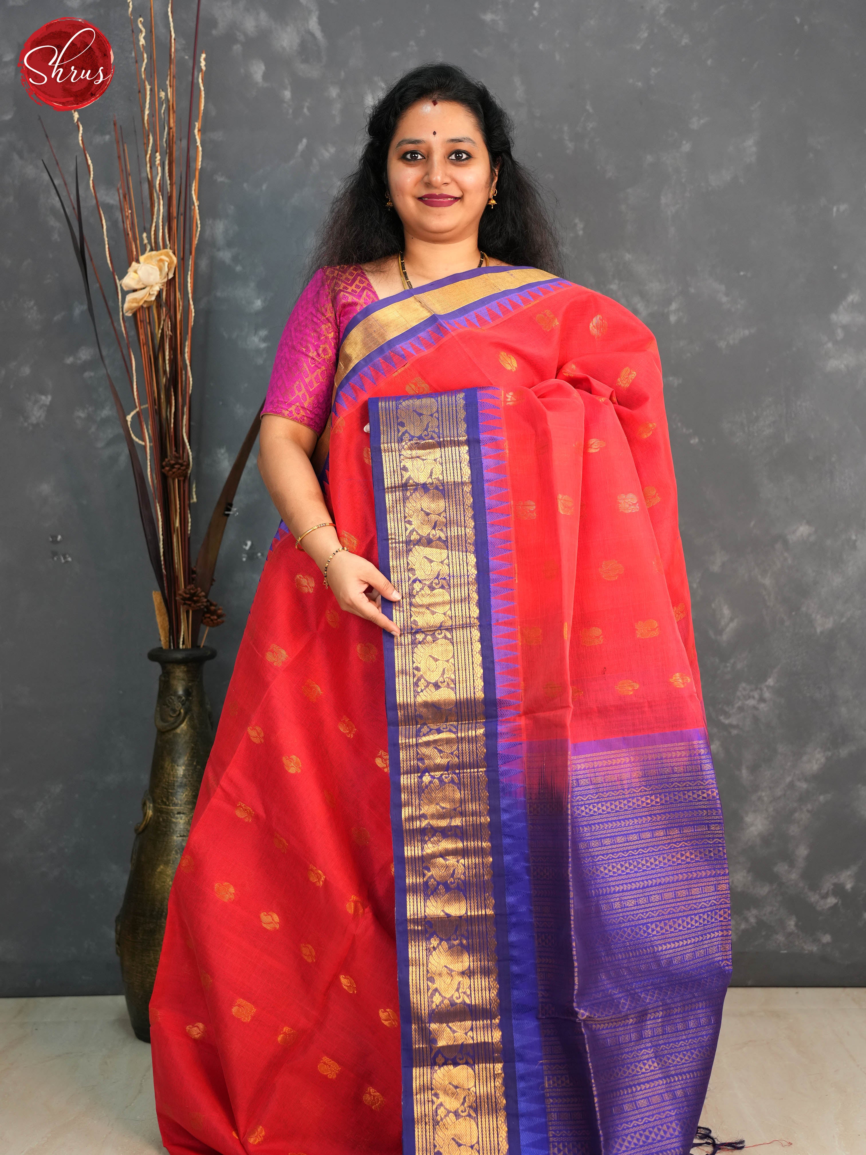 Reddish pink and Violet - Silk Cotton Saree - Shop on ShrusEternity.com