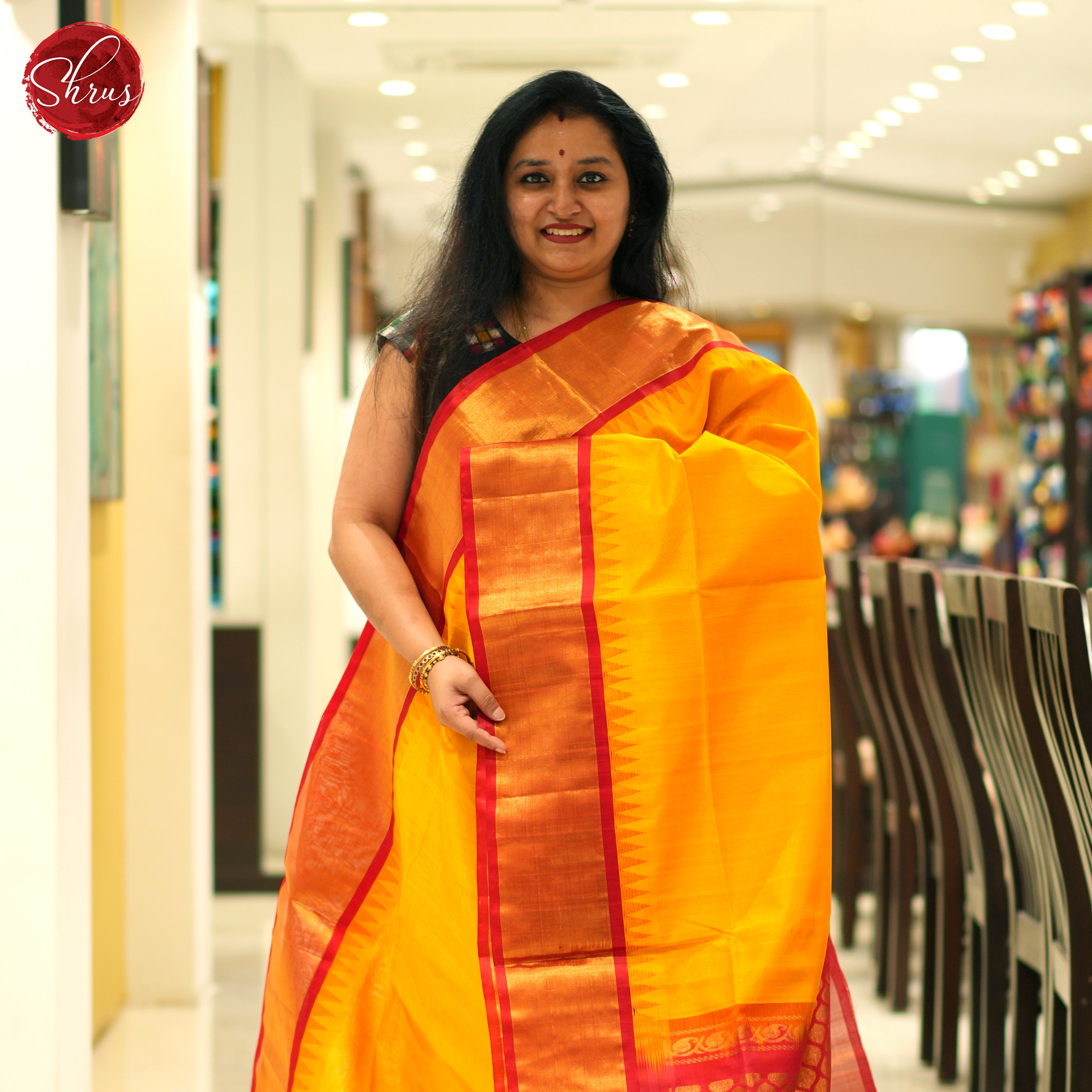 Yellow and red- Silk Cotton Saree - Shop on ShrusEternity.com