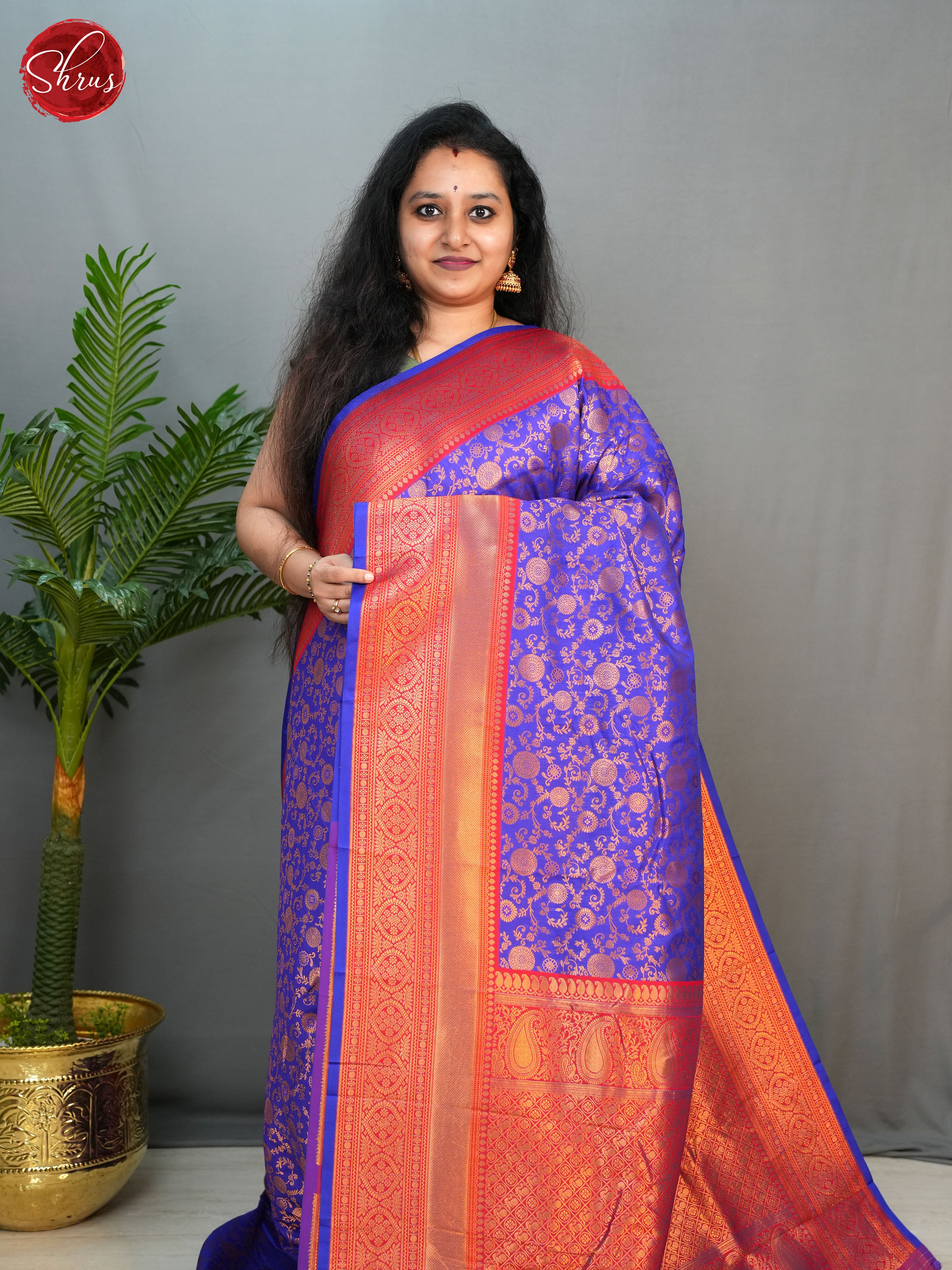 Blue & Purple -Semi Kanchipuram with Zari woven floral brocade on the body & Contrast Zari Border - Shop on ShrusEternity.com