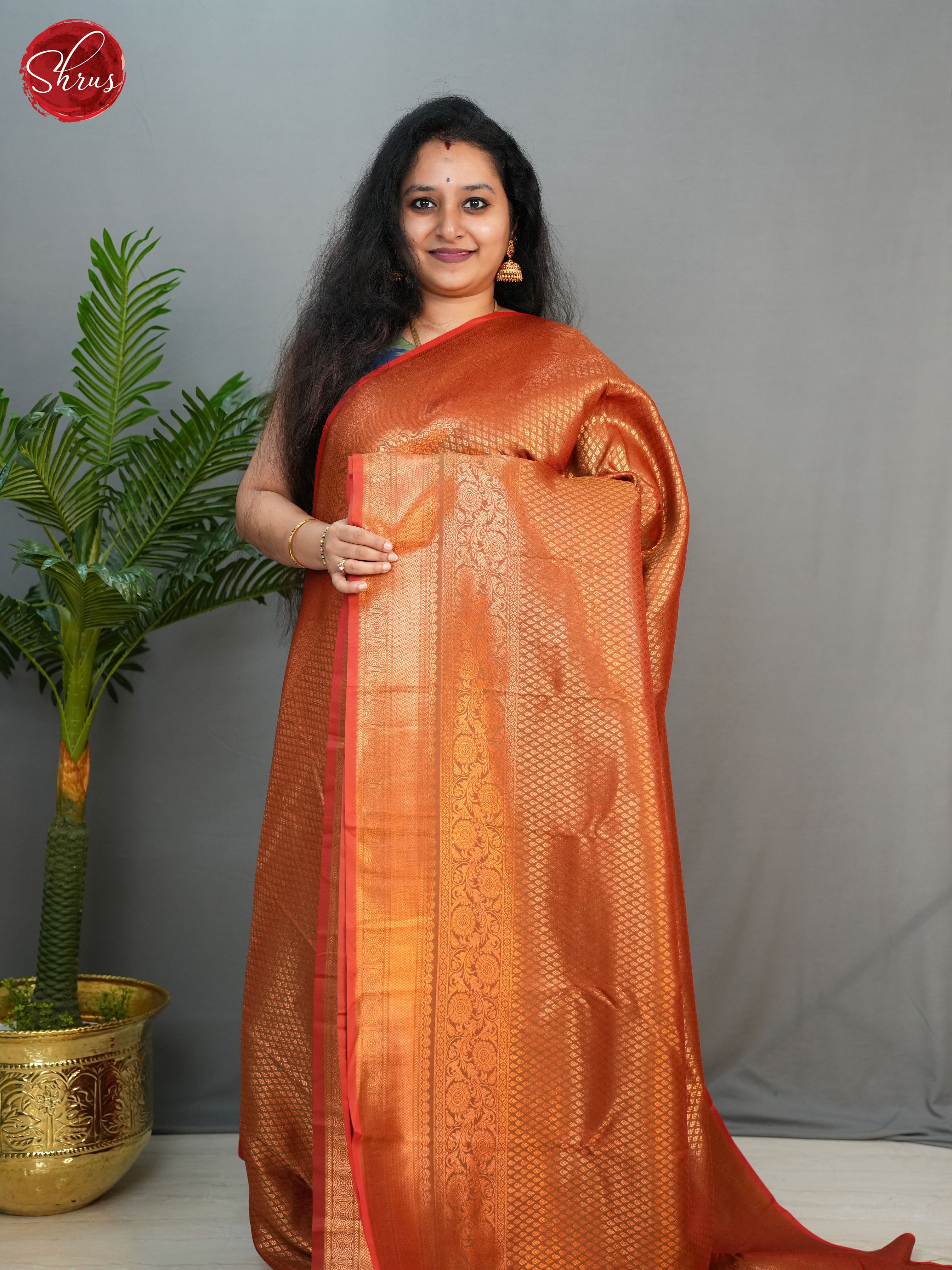 Dull Gold & Green - Semi Kanchipuram with Zari woven brocade on the body & Zari Border - Shop on ShrusEternity.com