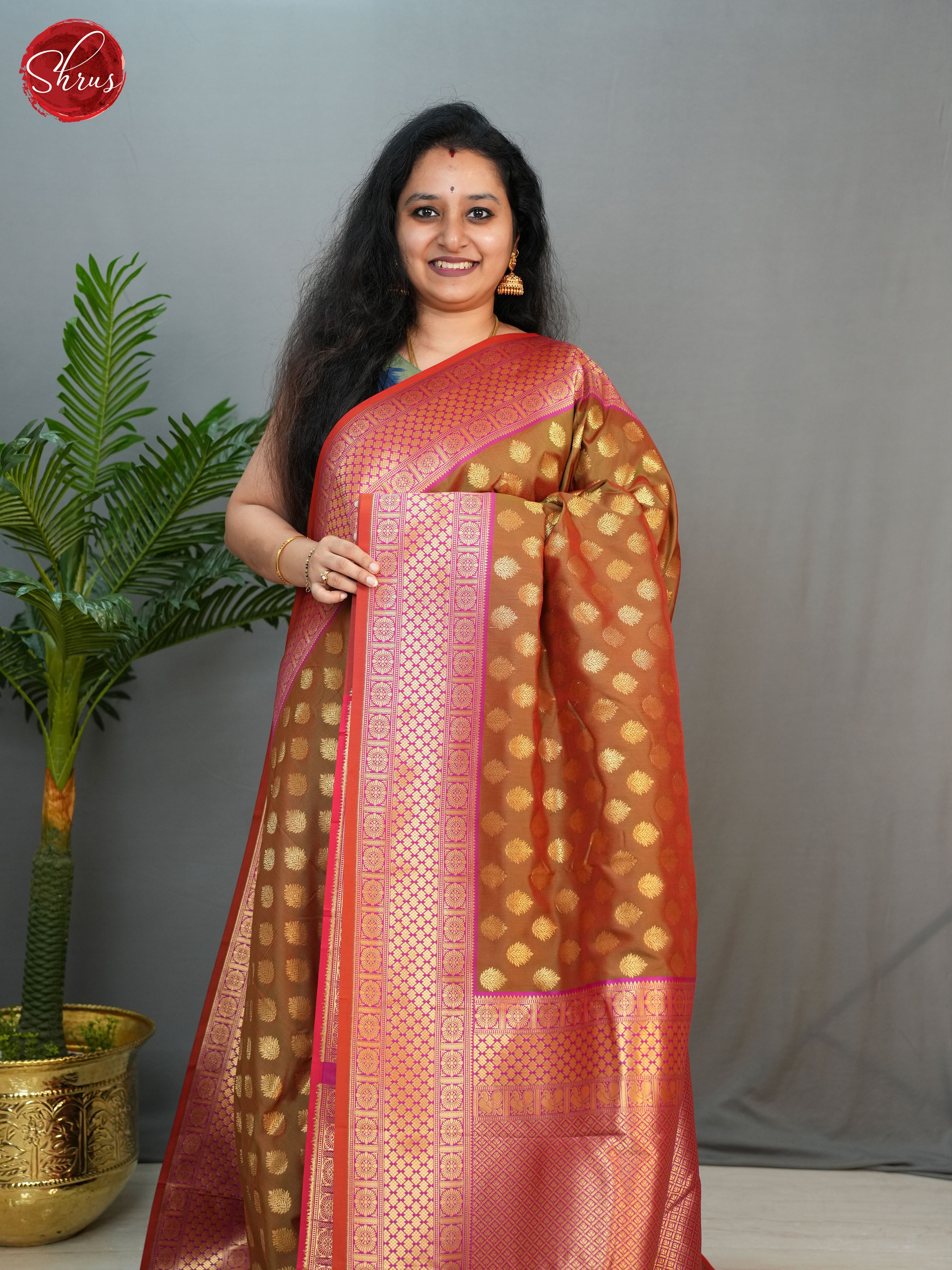 Greenish Brown & Red-Semi Kanchipuram with Zari woven floral buttas on the body & Zari Border - Shop on ShrusEternity.com