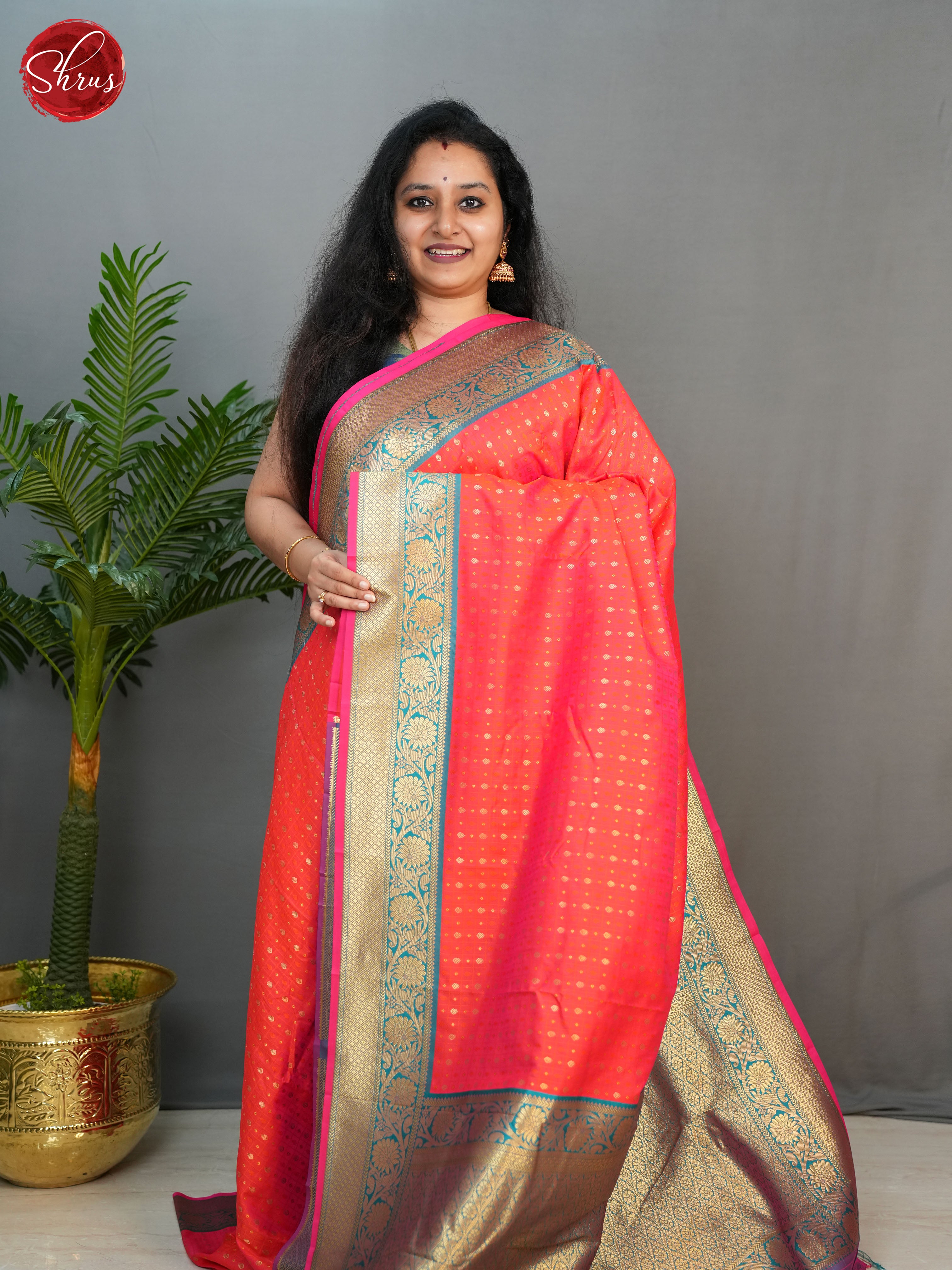 Orangish Pink & Green - Semi kanchipuram saree - Shop on ShrusEternity.com