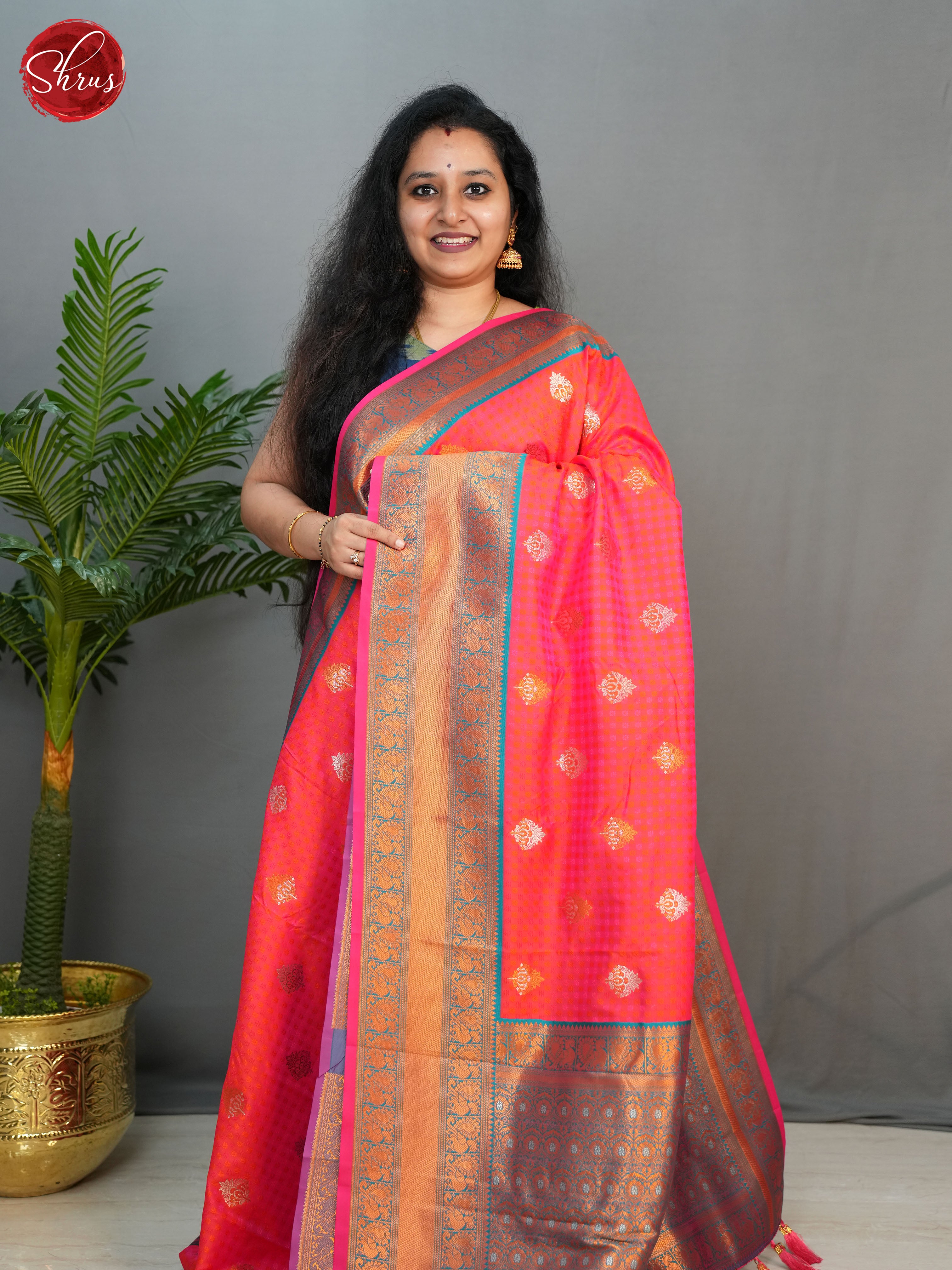 Orangish Pink & Blue - Semi kanchipuram saree - Shop on ShrusEternity.com