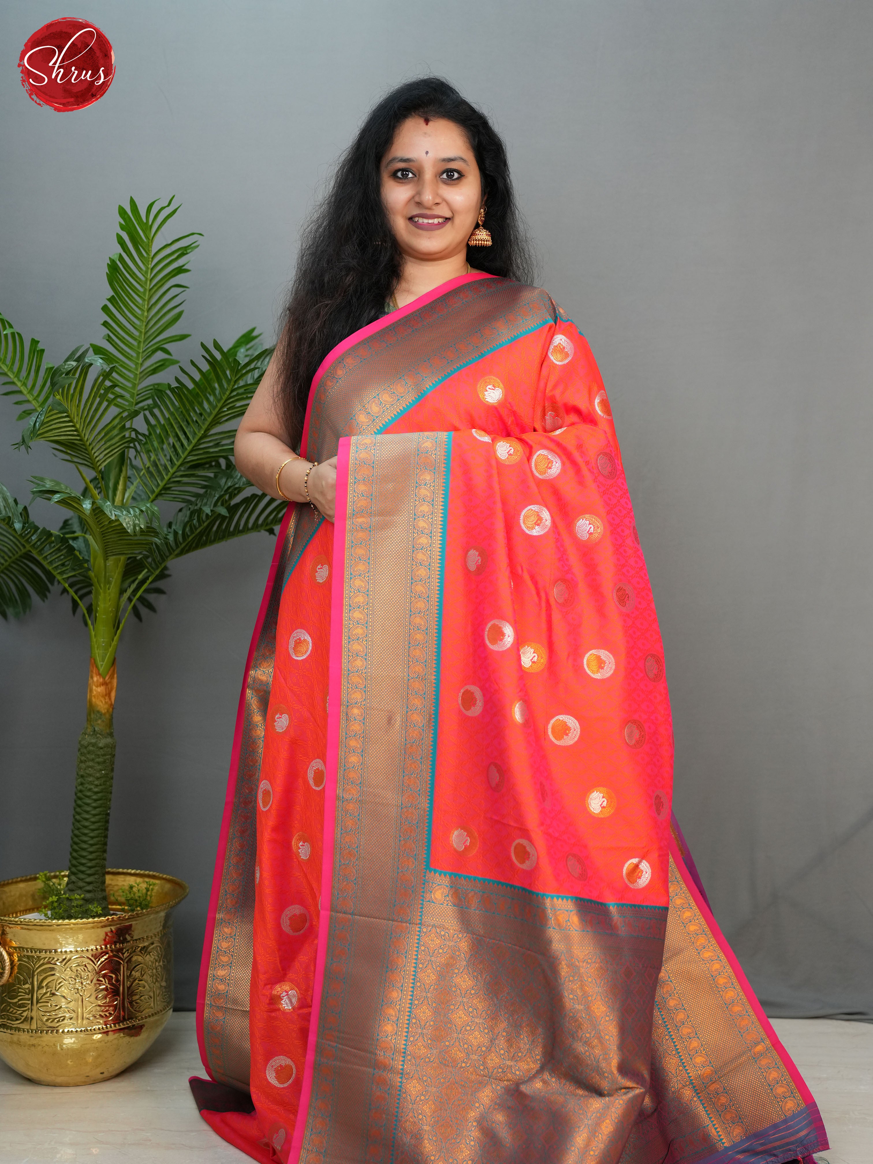 Orangish Pink & Purple - Semi kanchipuram saree - Shop on ShrusEternity.com