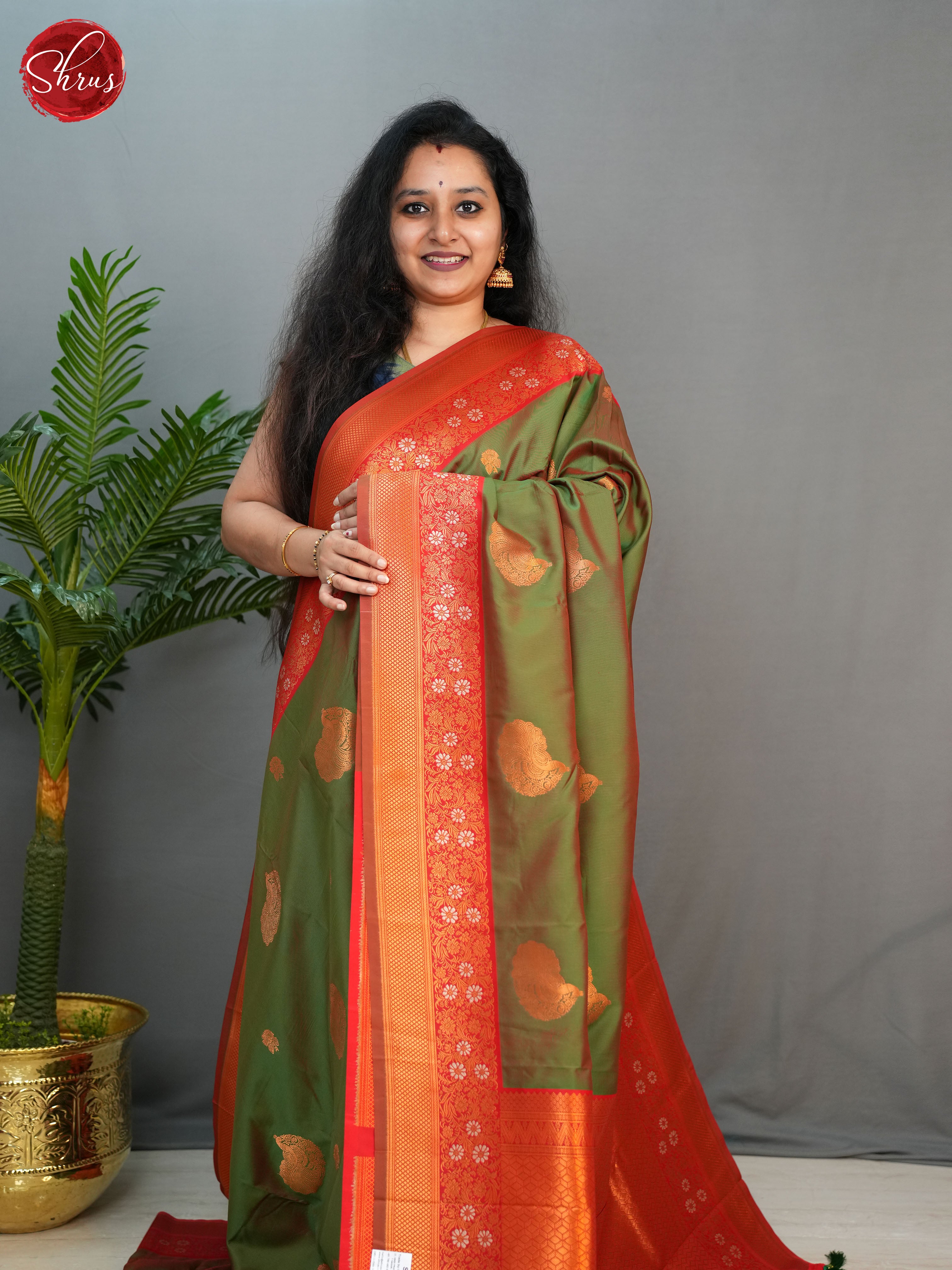 Mehandi Green & Red -Semi Kanchipuram with Zari woven peacock motifs on the body & Contrast Zari Border - Shop on ShrusEternity.com
