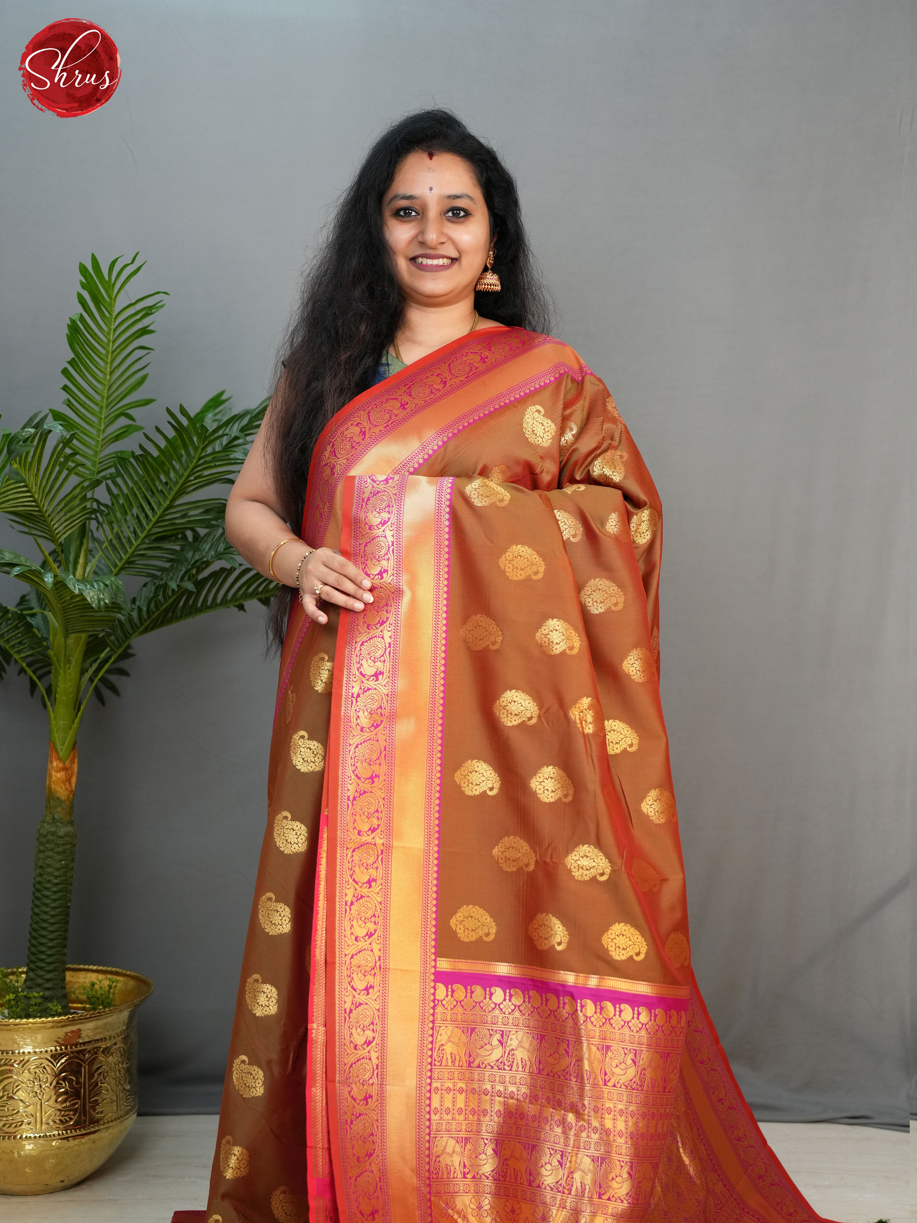 Brown & Pink - Semi Kanchipuram with Zari woven manga motifs on the body & Contrast Zari Border - Shop on ShrusEternity.com
