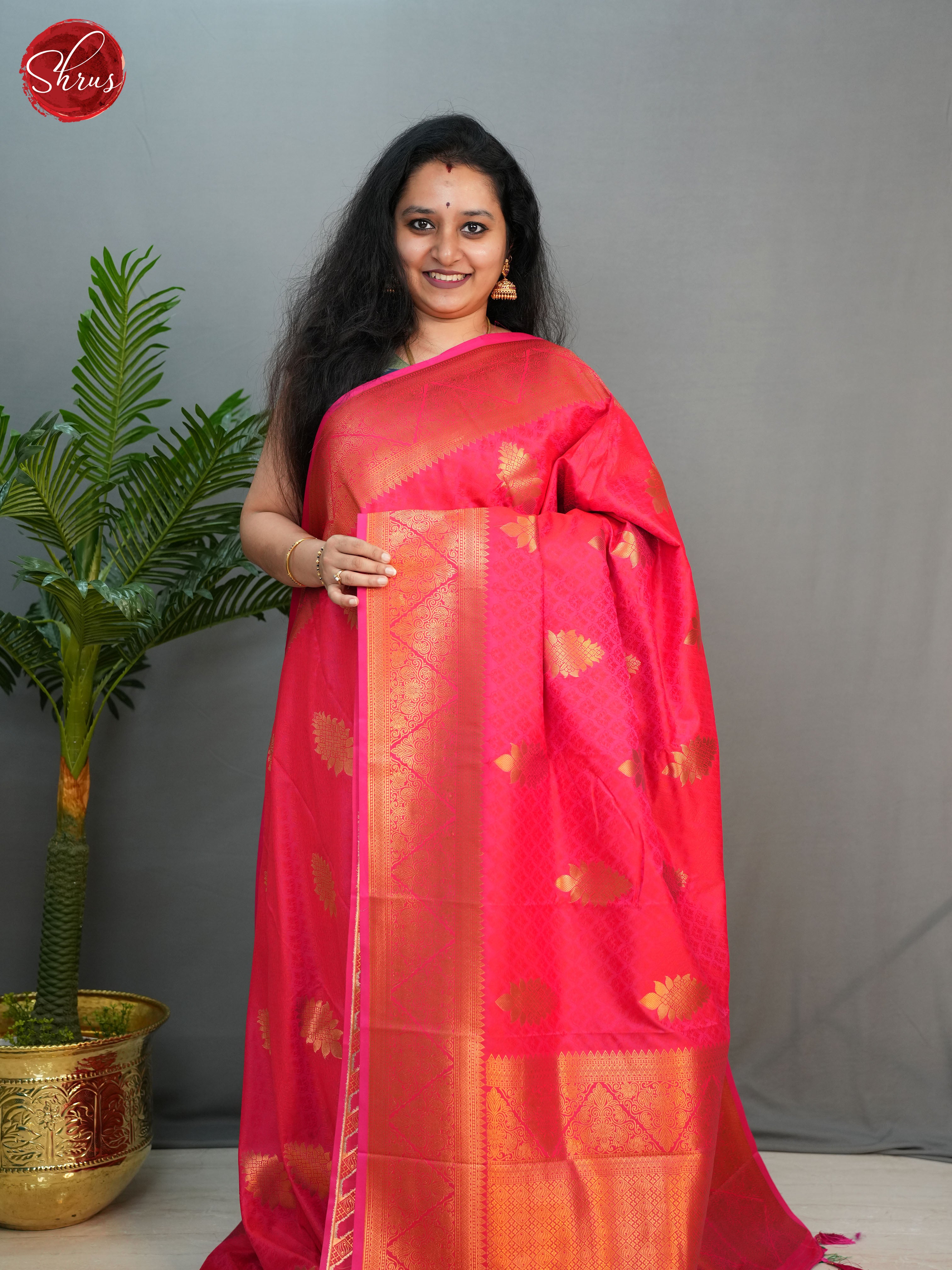 Rani Pink(Single Tone)- Semi Kanchipuram with Zari woven floral motifs on the body & Zari Border - Shop on ShrusEternity.com