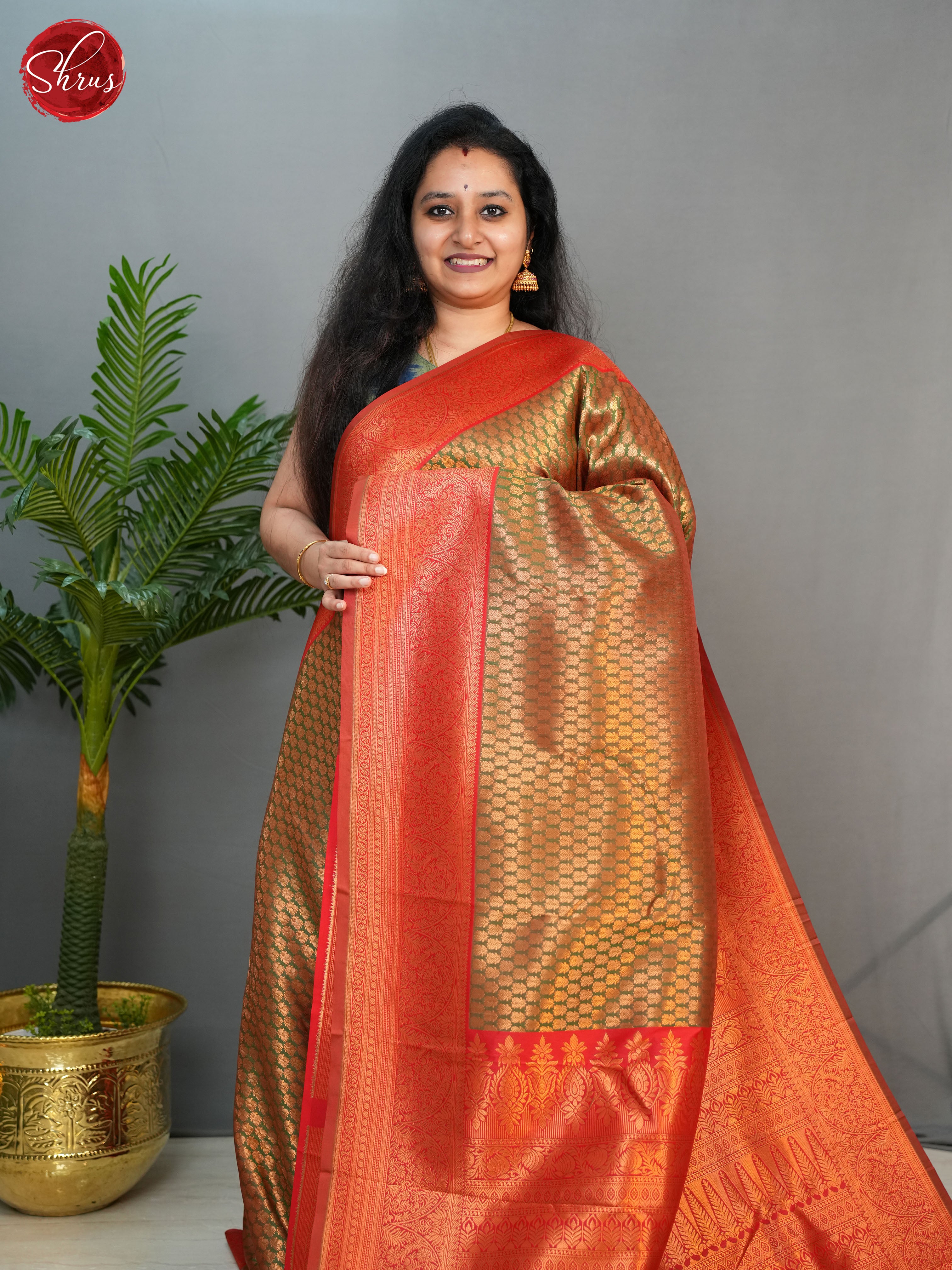 Brown & Red - Semi Kanchipuram Silk with Zari woven brocade on the body & Zari Border - Shop on ShrusEternity.com