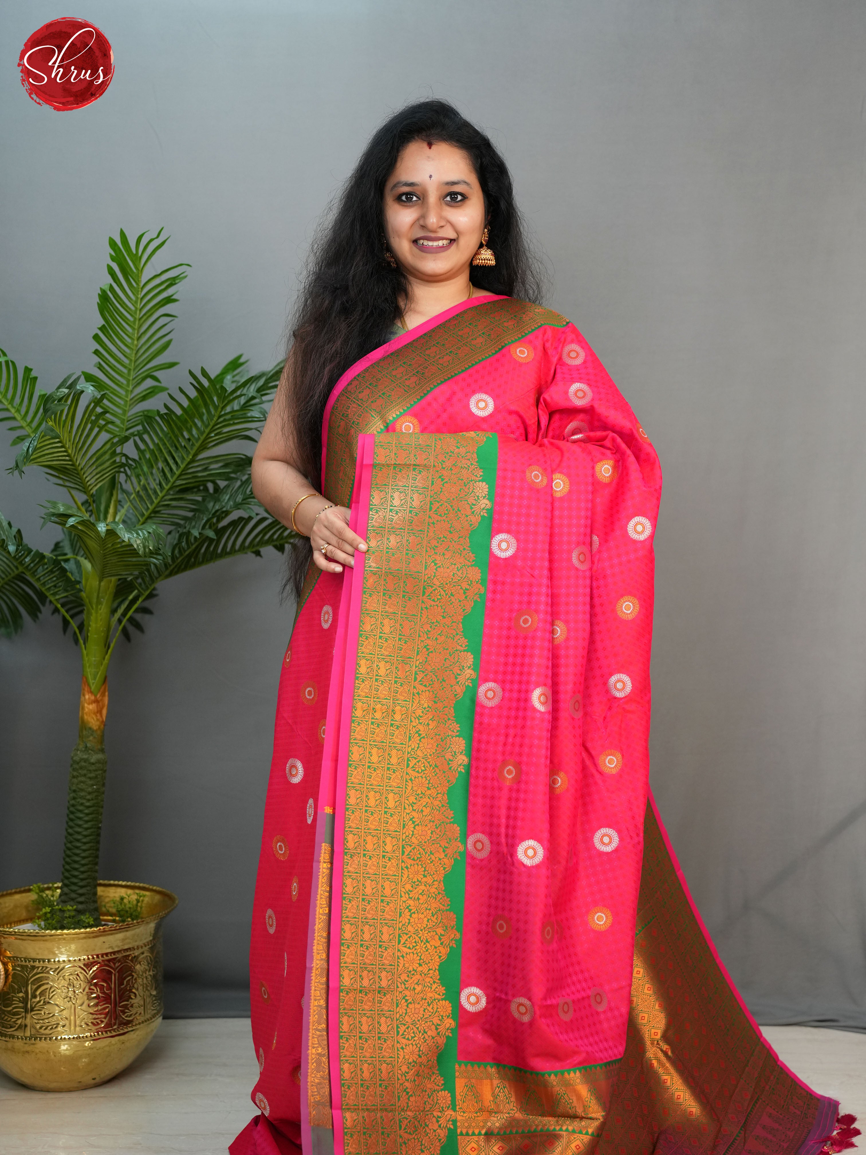 Reddish Pink & Green- Semi Kanchipuram with gold, silver Zari woven floral buttas on the body & Zari Border - Shop on ShrusEternity.com