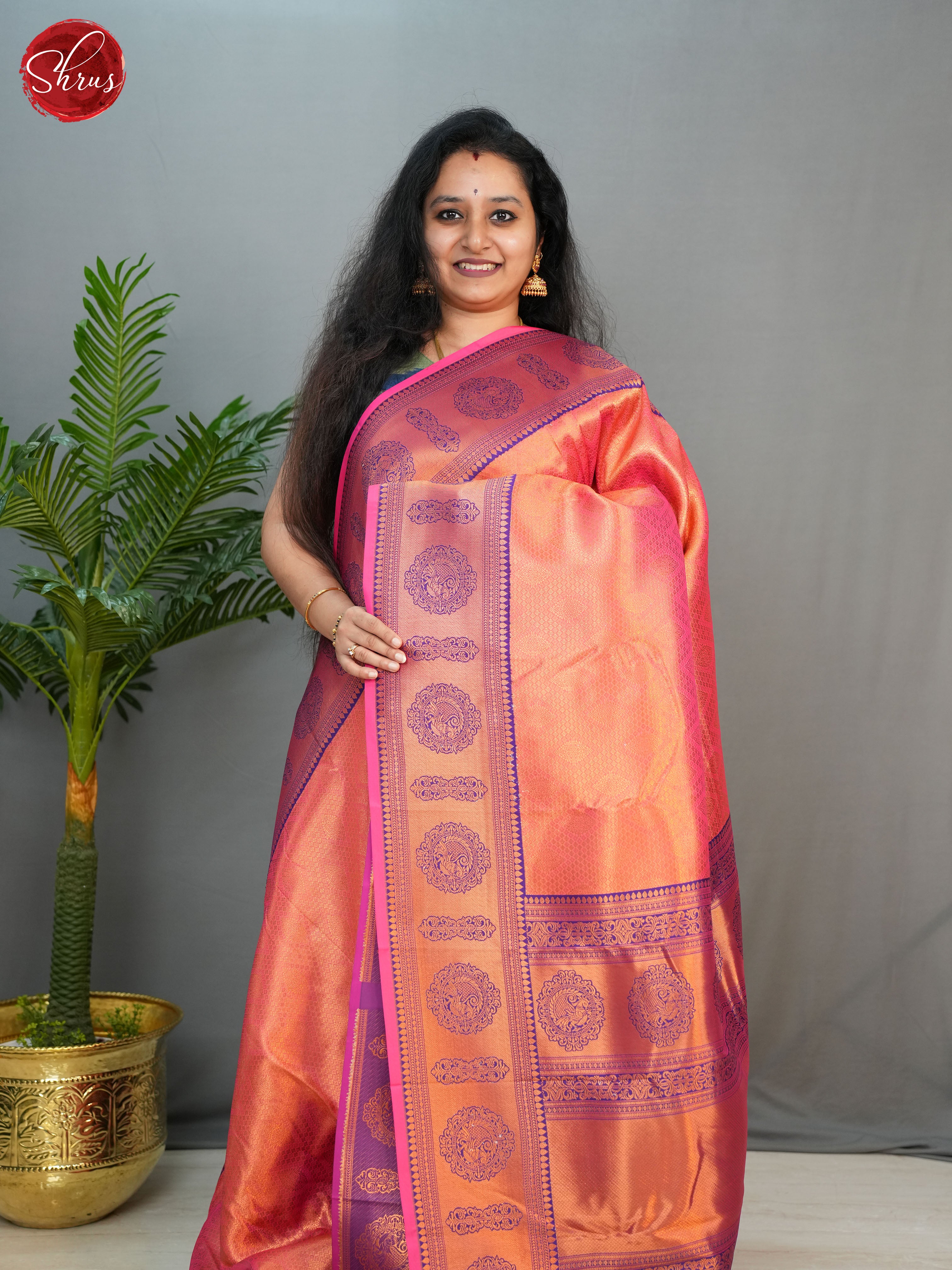 Orange & Purple - Semi Kanchipuram with Zari woven brocade on the body & Contrast Zari Border - Shop on ShrusEternity.com