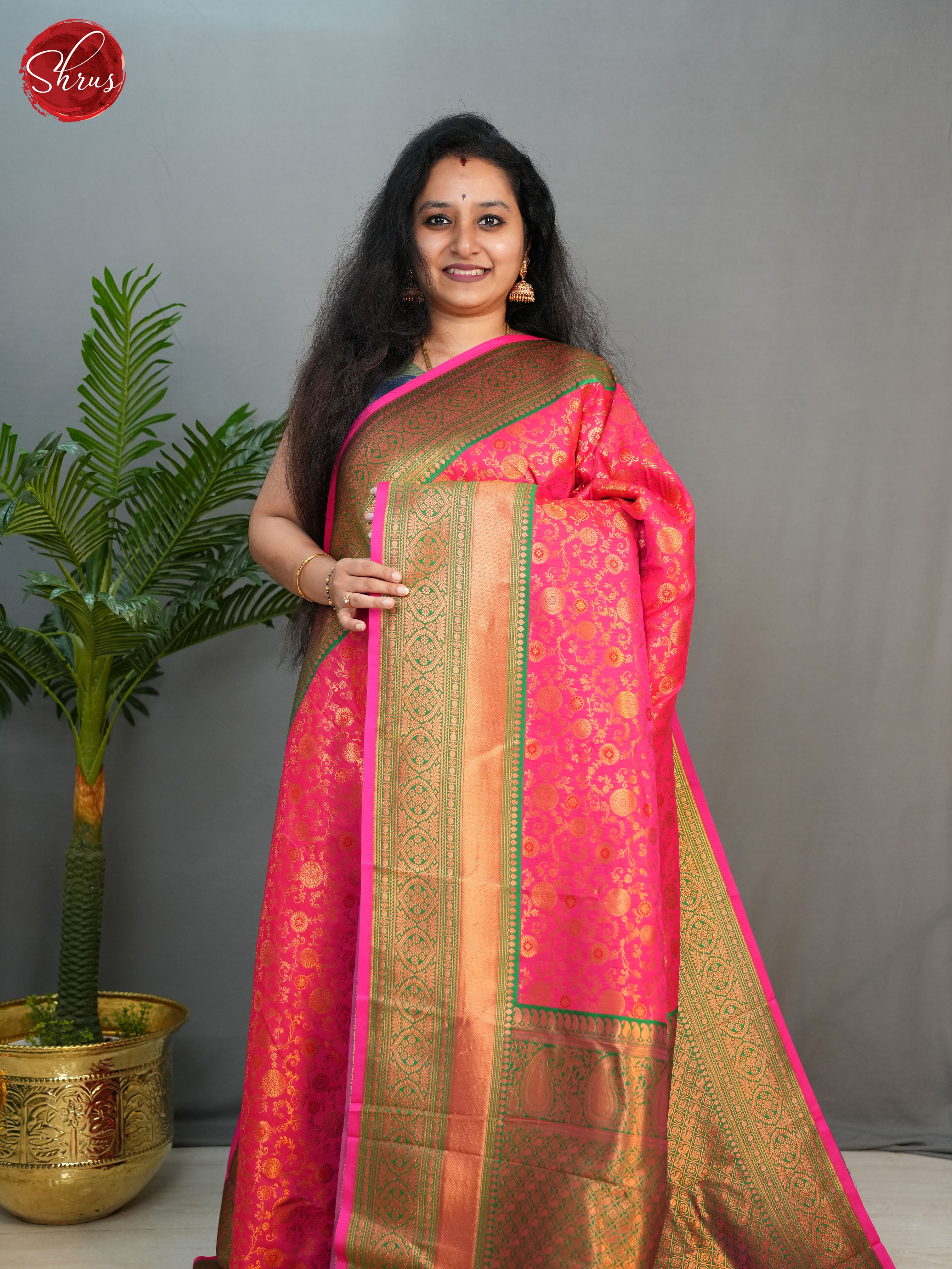 Pink & Green -Semi Kanchipuram with Zari woven flroral nestling brocade on the body & Contrast Zari Border - Shop on ShrusEternity.com