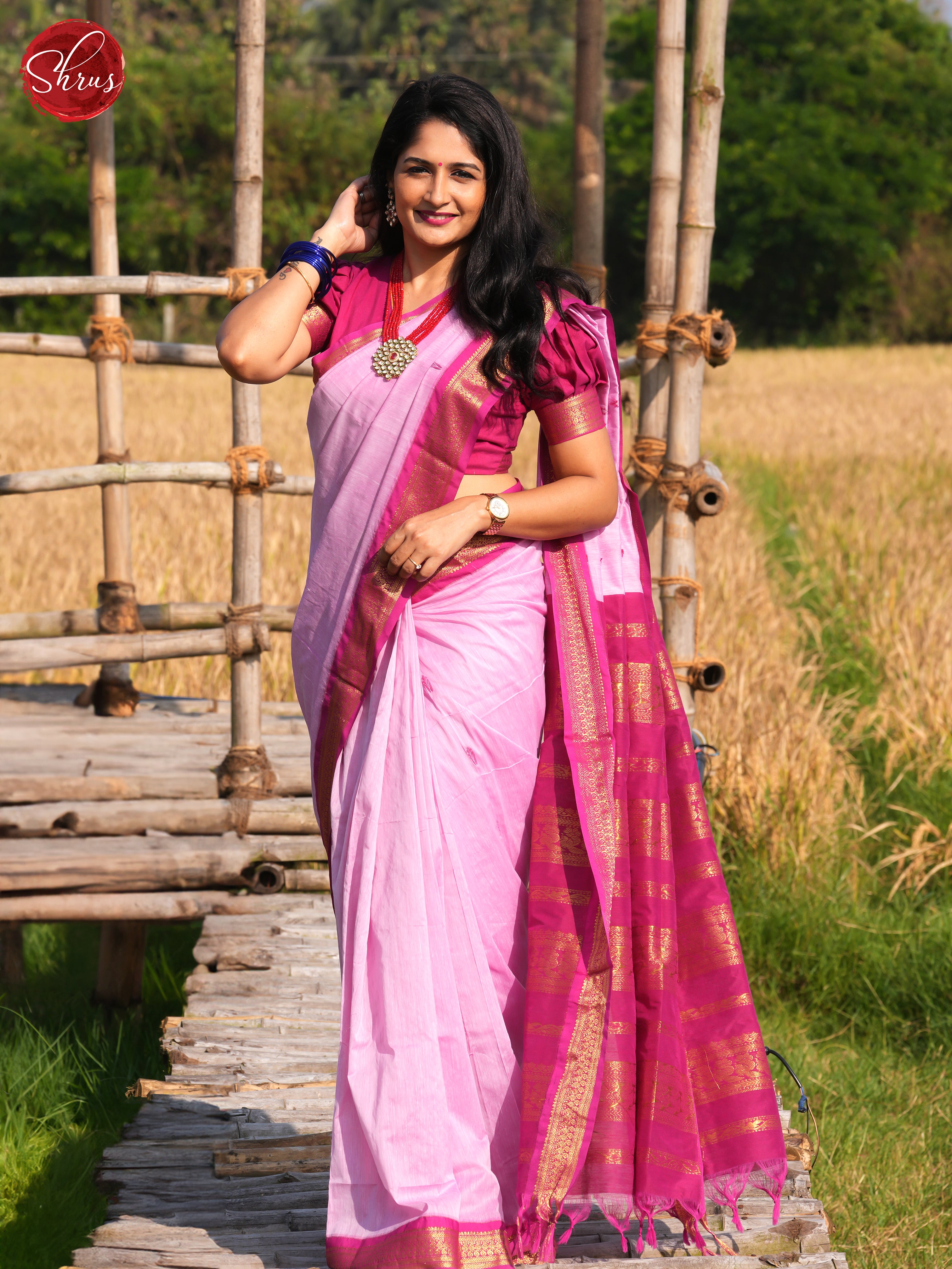 Baby Pink & Pink - Kalyani Cotton Saree - Shop on ShrusEternity.com