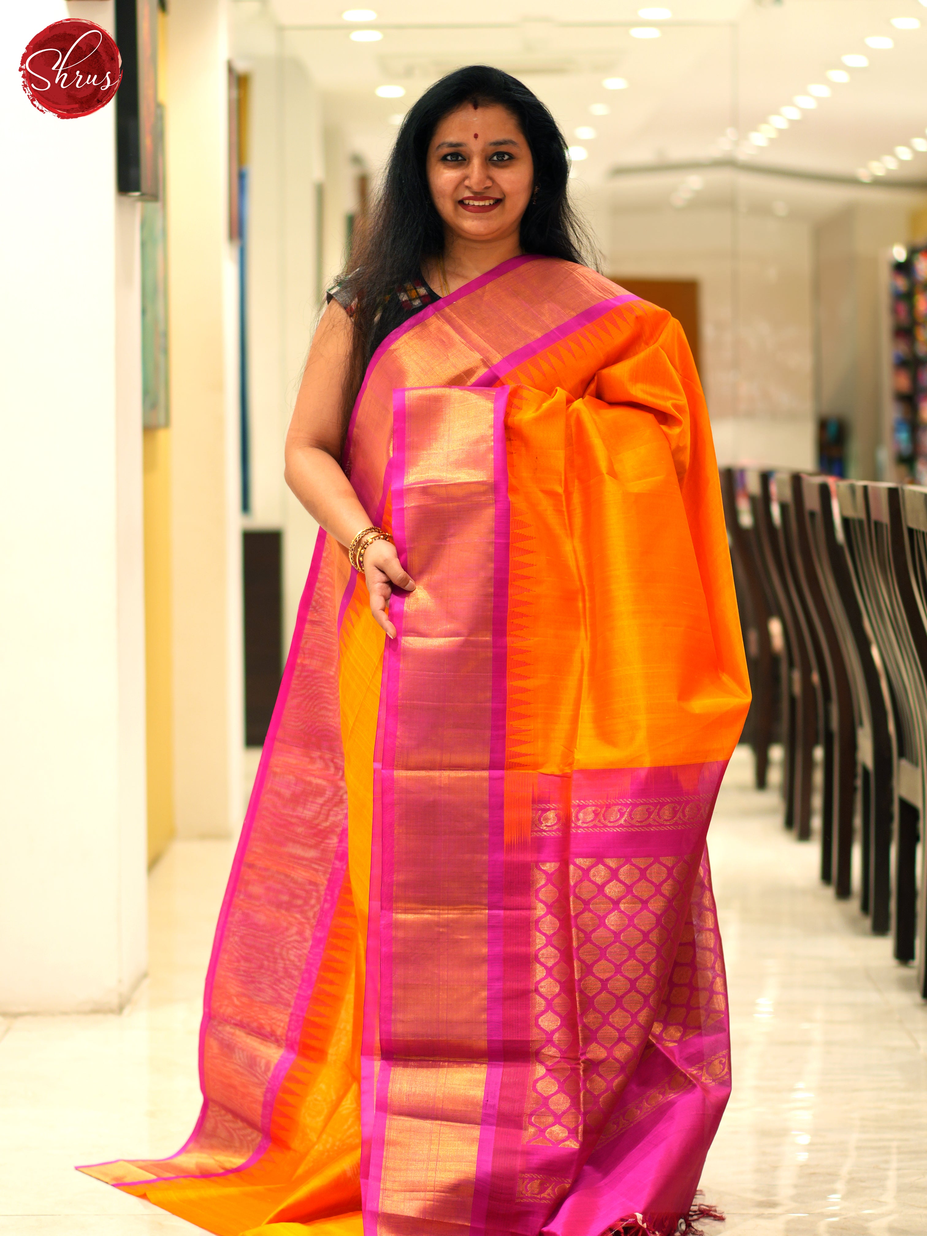 Orange And Pink- Silk Cotton Saree - Shop on ShrusEternity.com
