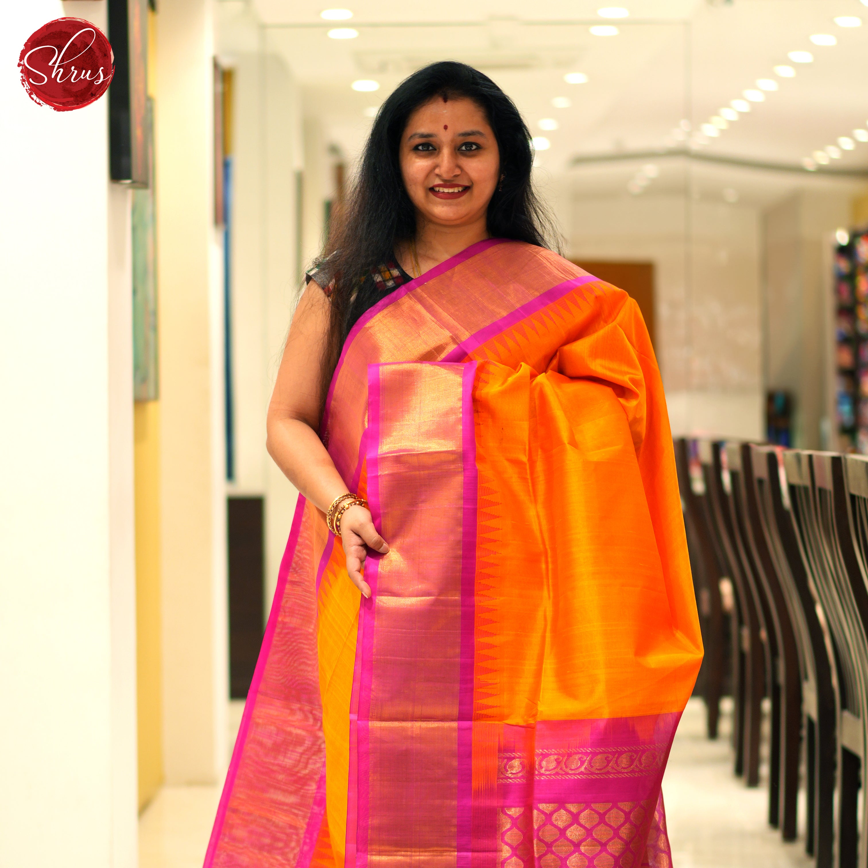 Orange And Pink- Silk Cotton Saree - Shop on ShrusEternity.com
