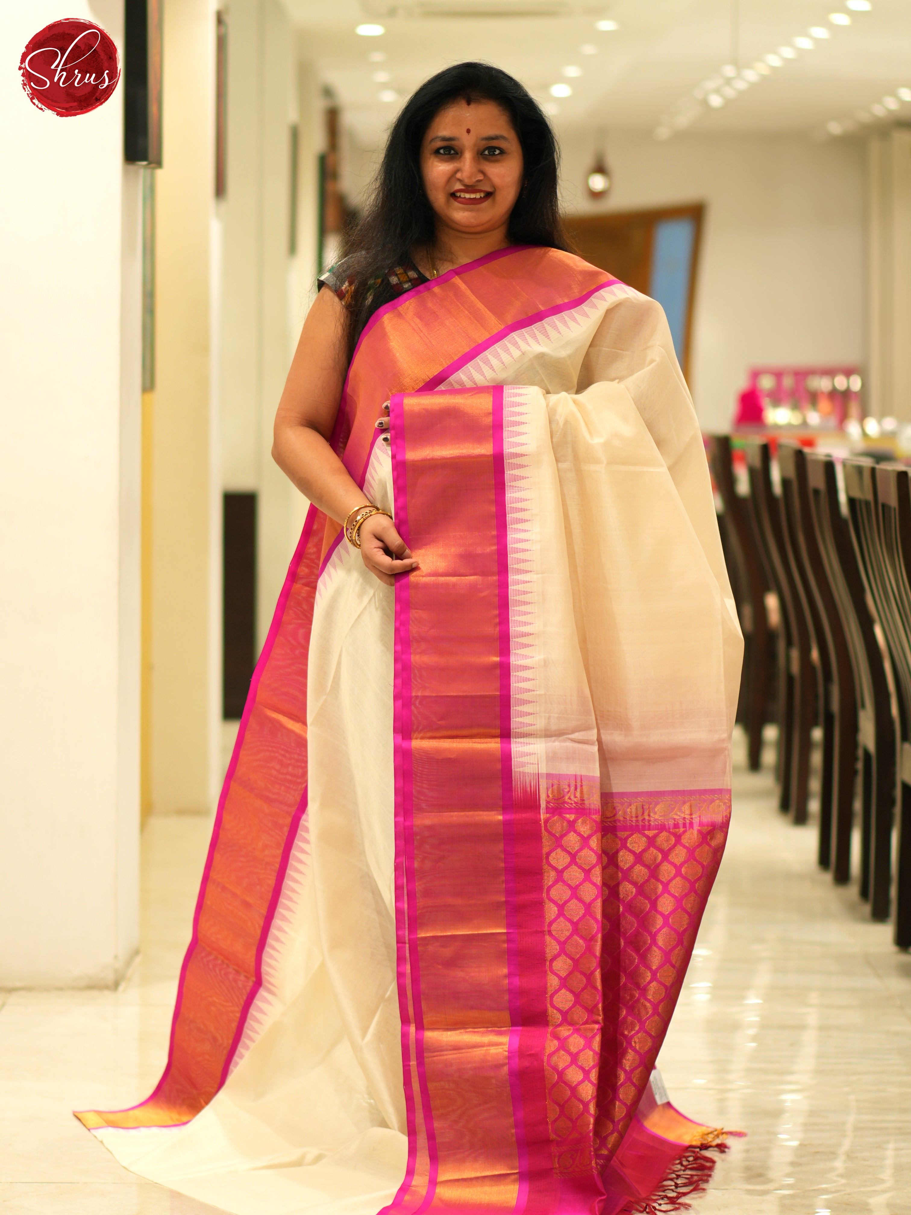 Cream And Pink - Silk Cotton Saree - Shop on ShrusEternity.com