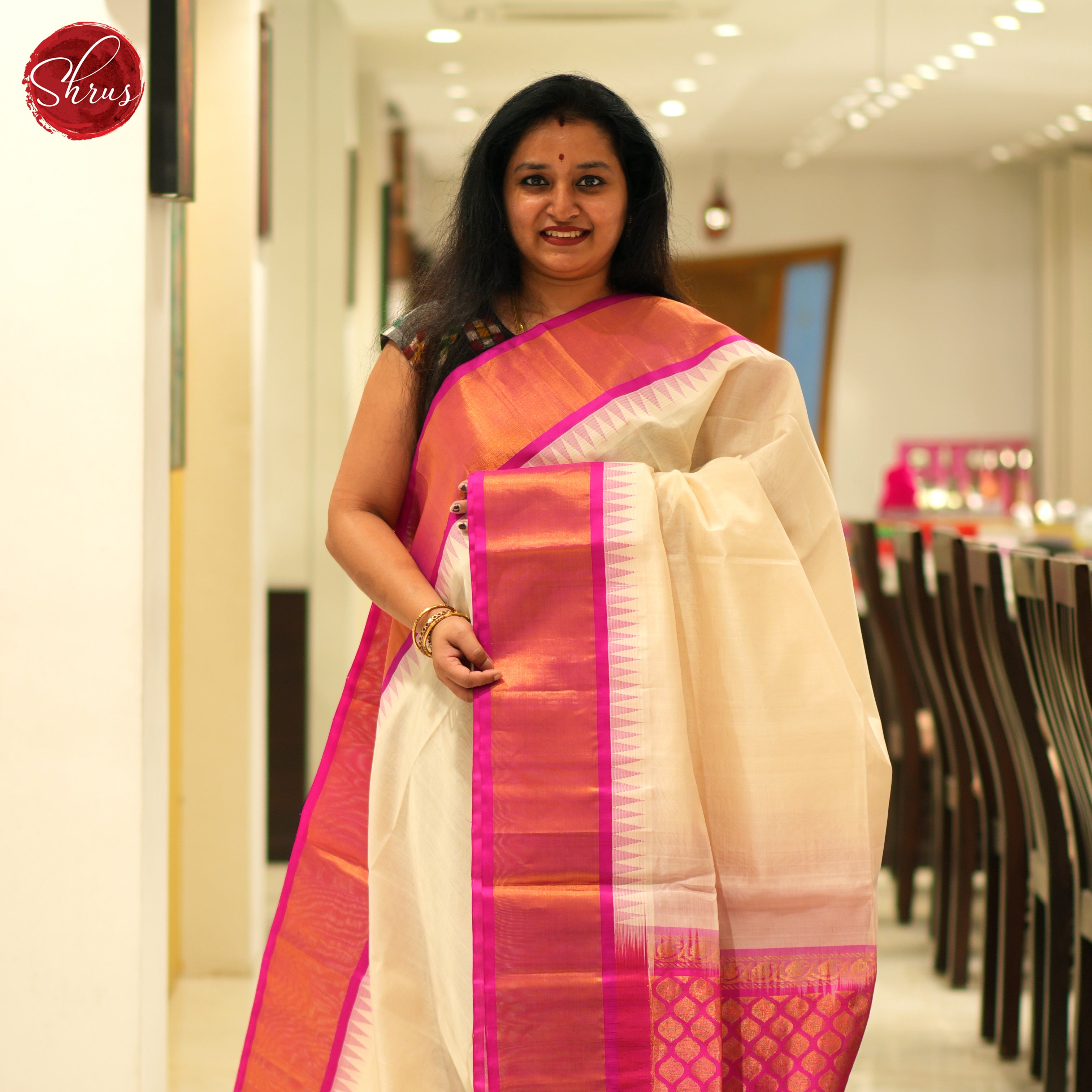 Cream And Pink - Silk Cotton Saree - Shop on ShrusEternity.com