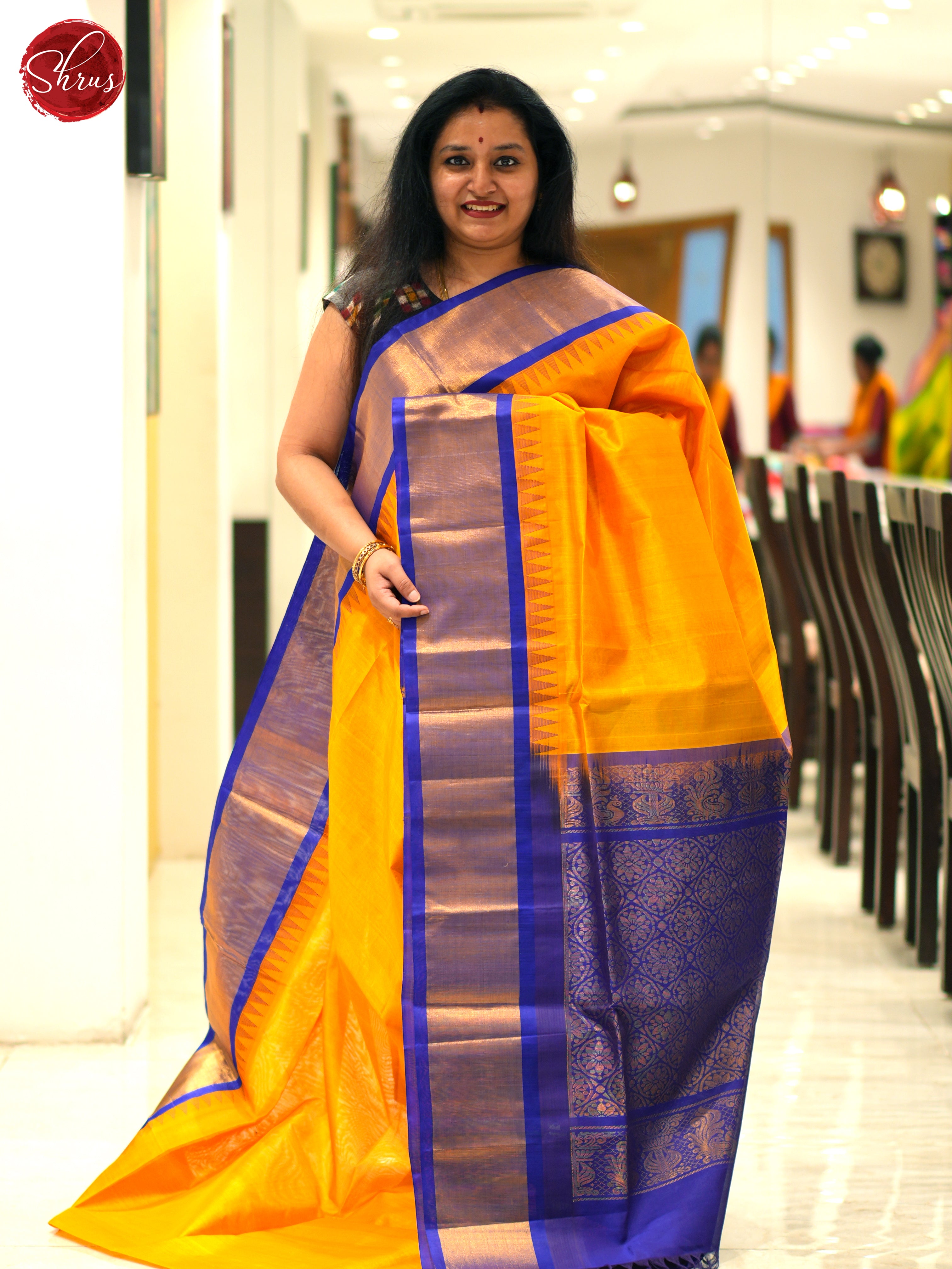 Yellow And Blue-Silk cotton saree - Shop on ShrusEternity.com