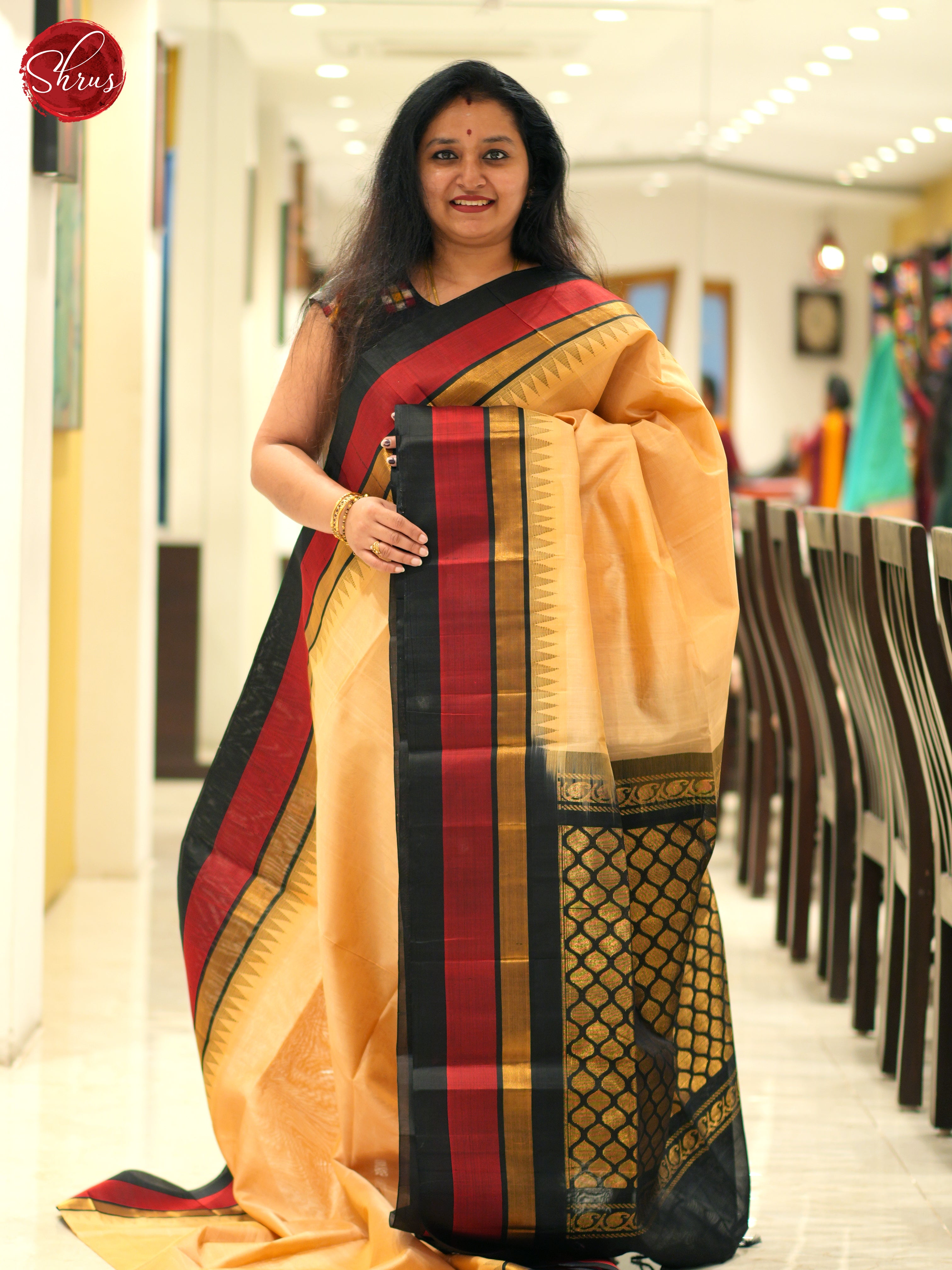 Beige And Black-Silk Cotton Saree - Shop on ShrusEternity.com