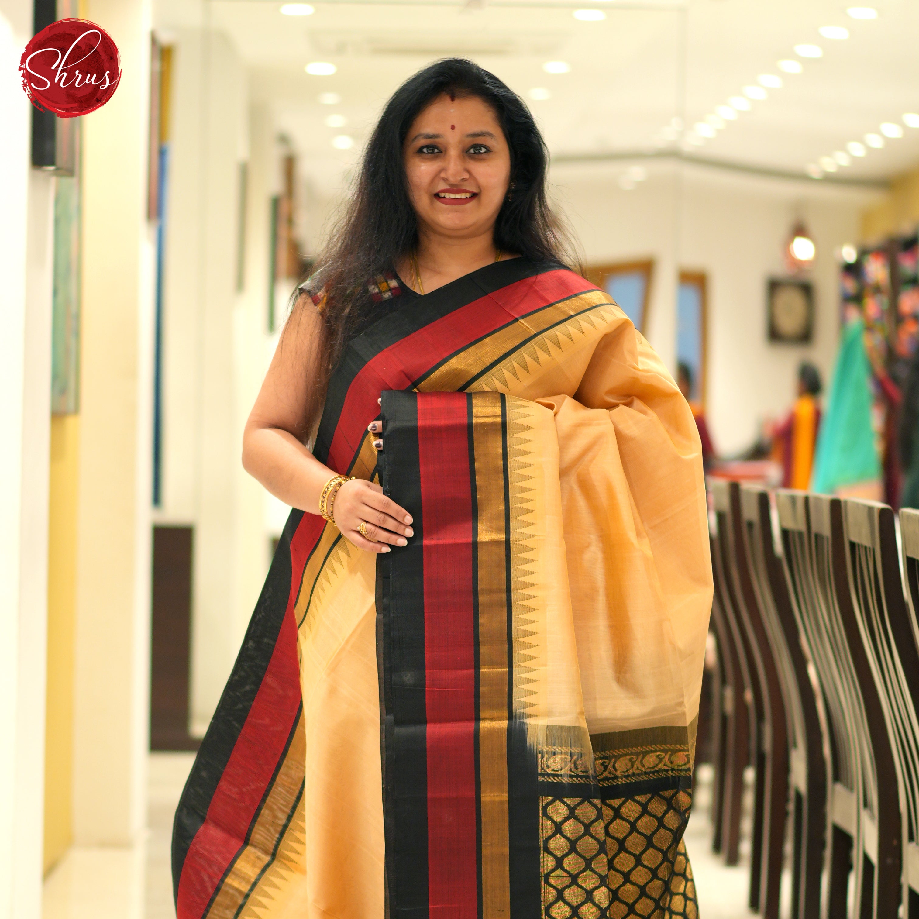 Beige And Black-Silk Cotton Saree - Shop on ShrusEternity.com