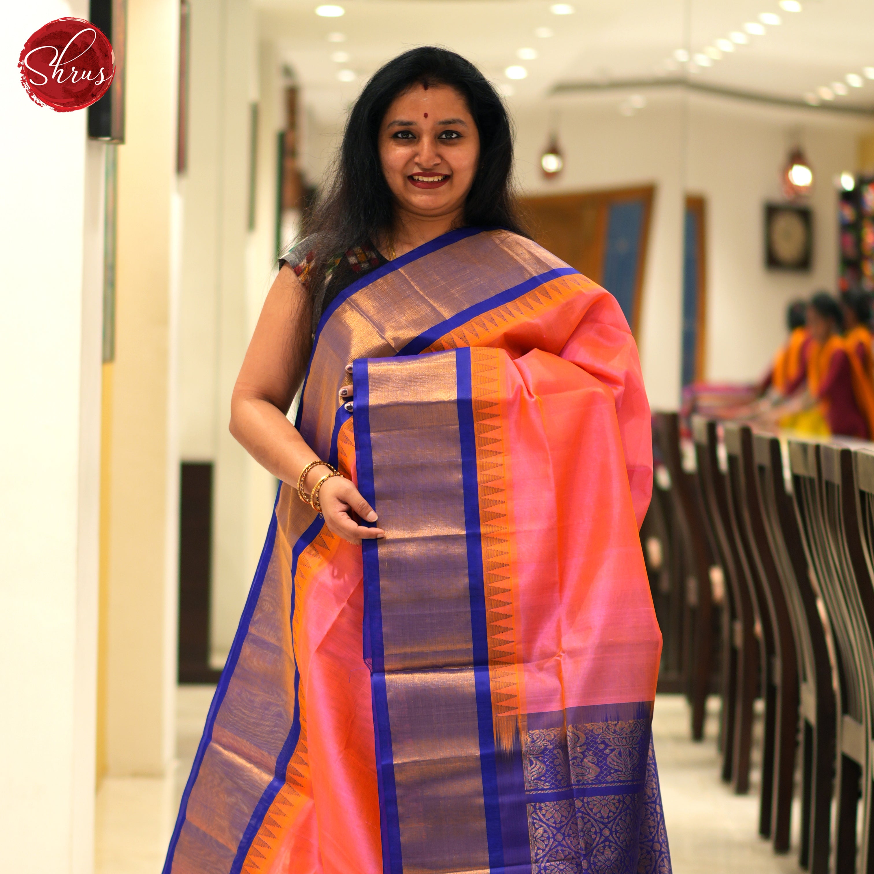 Pink And Blue-Silk Cotton Saree - Shop on ShrusEternity.com