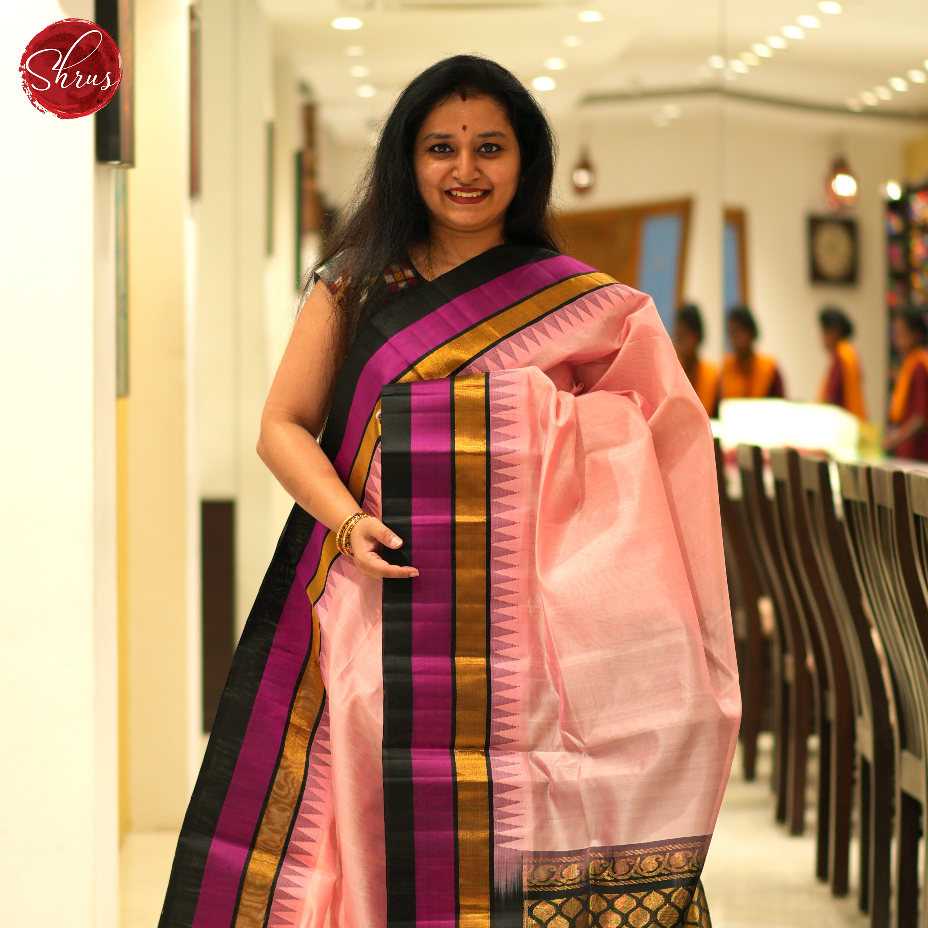 Lotus Pink And Black-Silk Cotton Saree - Shop on ShrusEternity.com