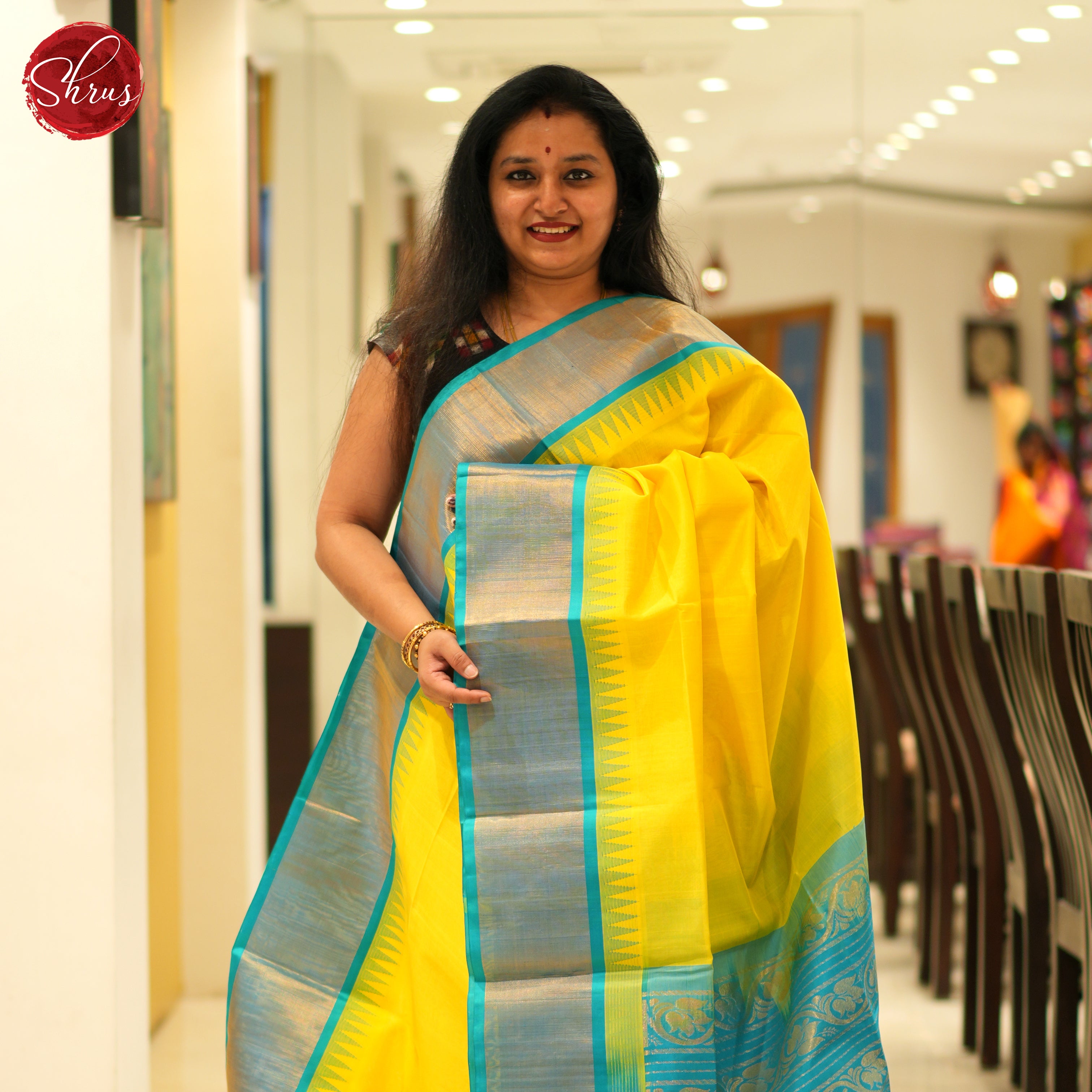Lime And Blue-Silk Cotton saree - Shop on ShrusEternity.com