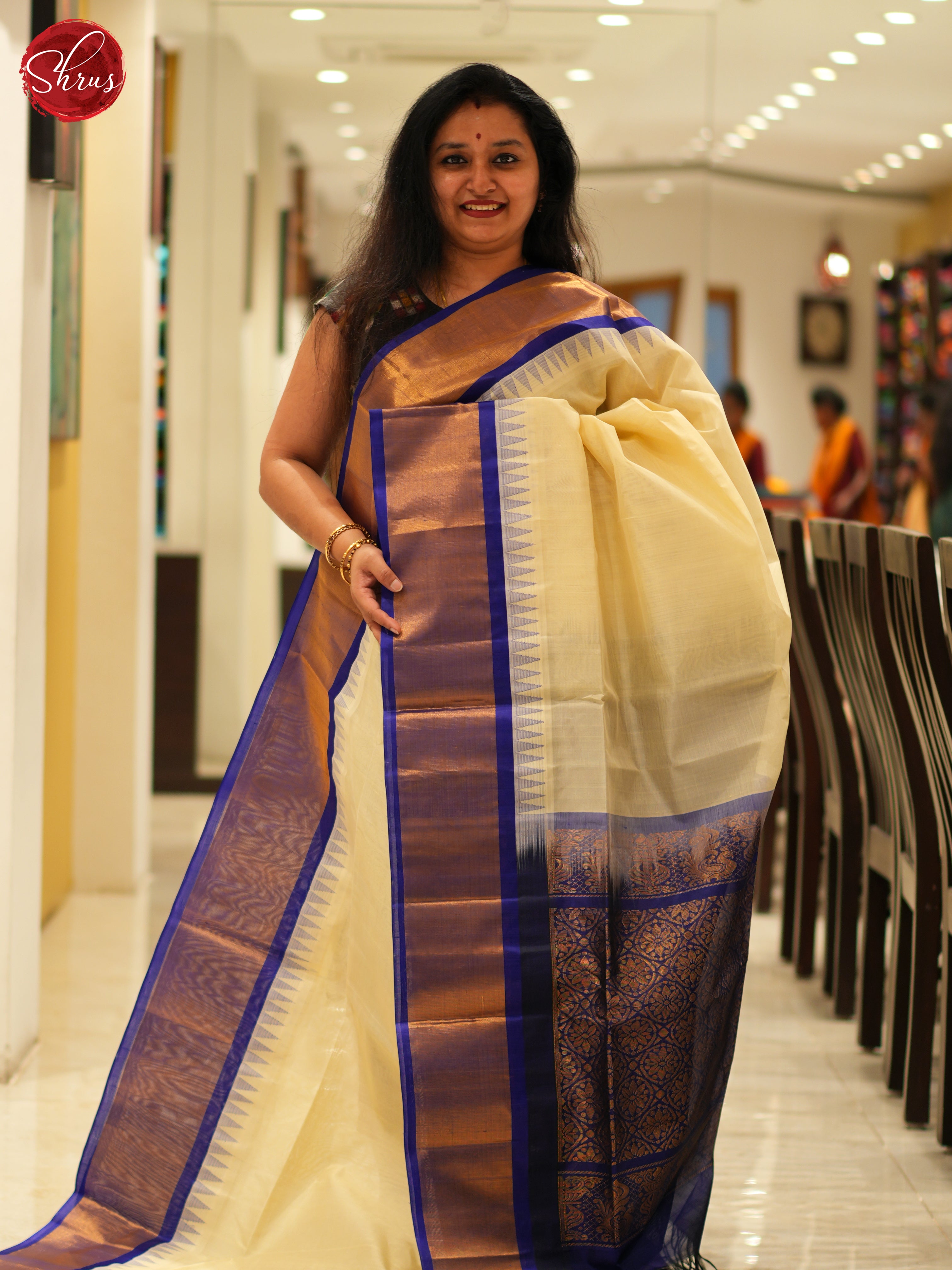 Cream And Blue- Silk Cotton Saree - Shop on ShrusEternity.com