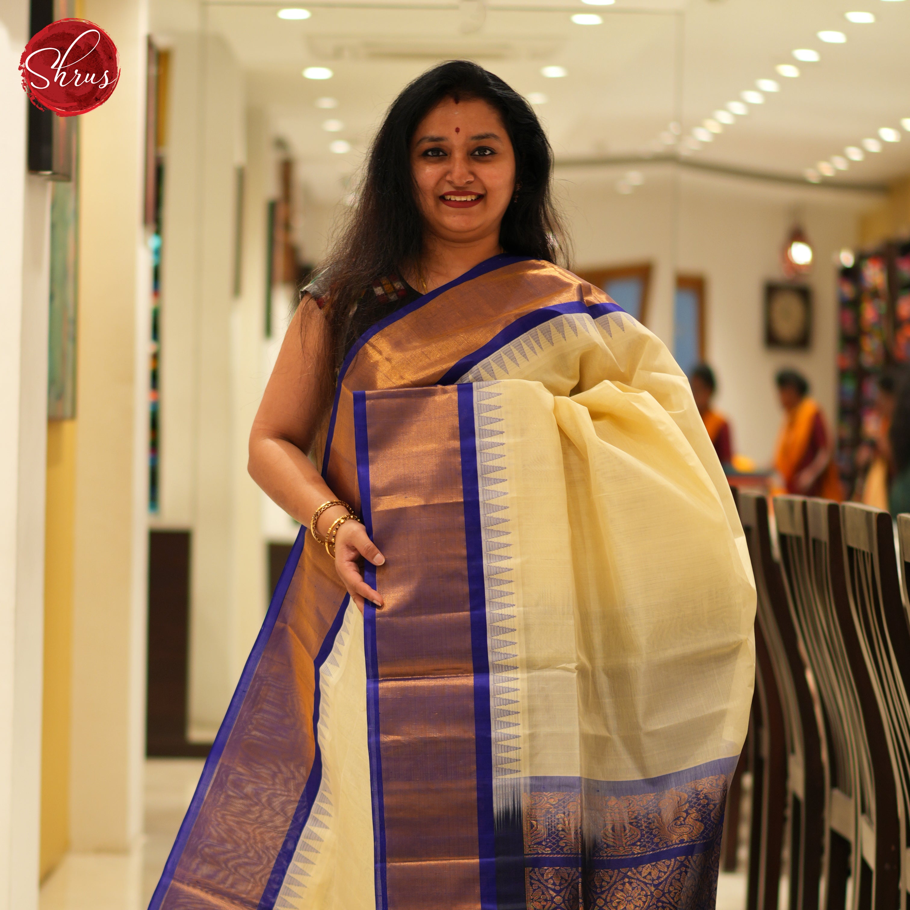 Cream And Blue- Silk Cotton Saree - Shop on ShrusEternity.com