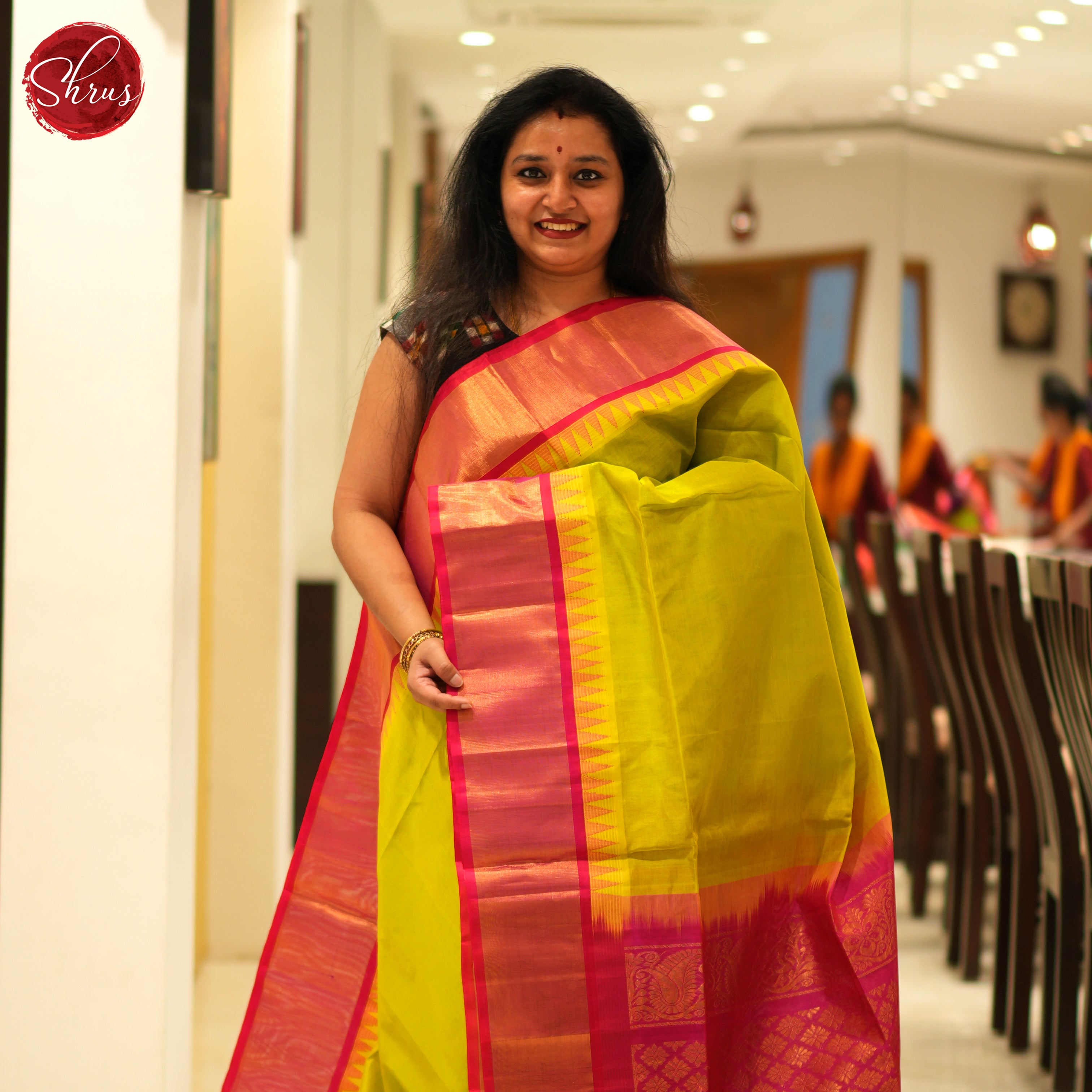 Green And Pink- Silk Cotton Saree - Shop on ShrusEternity.com