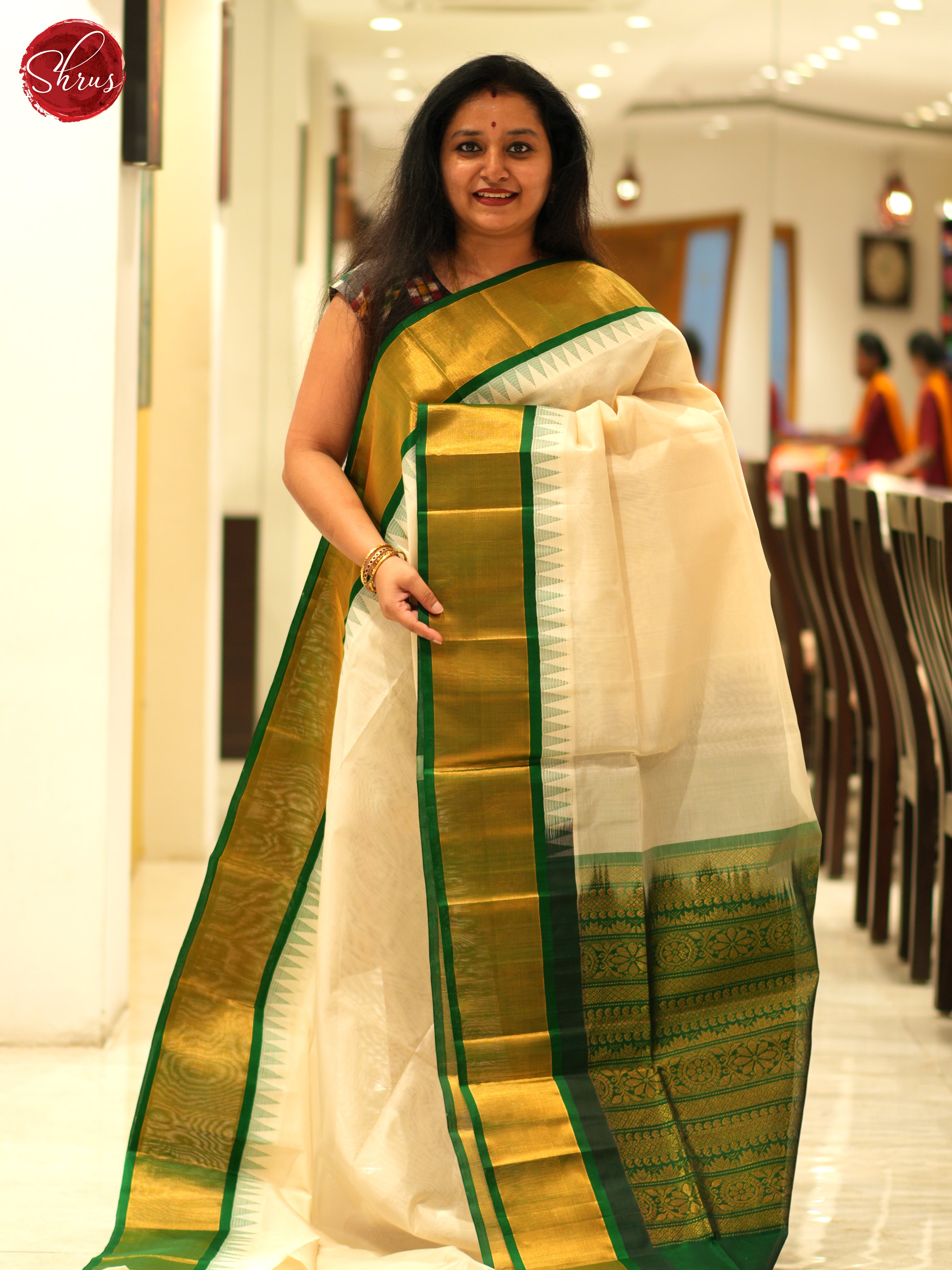 Cream And Green- Silk Cotton Saree - Shop on ShrusEternity.com
