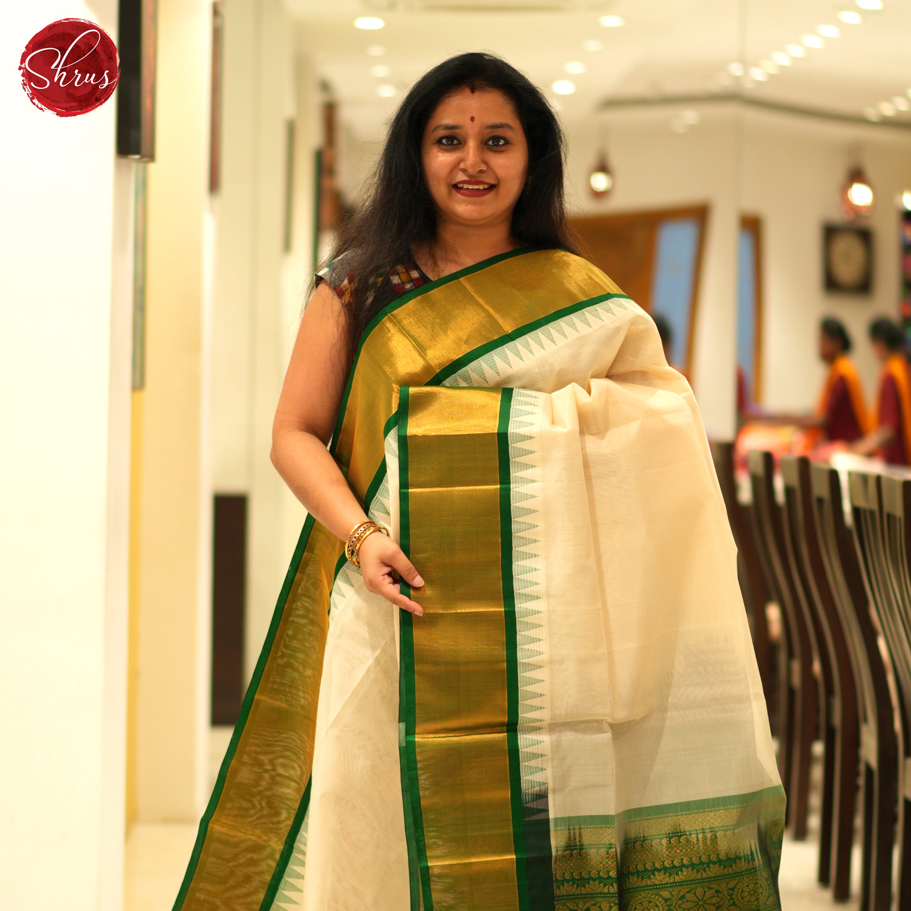 Cream And Green- Silk Cotton Saree - Shop on ShrusEternity.com