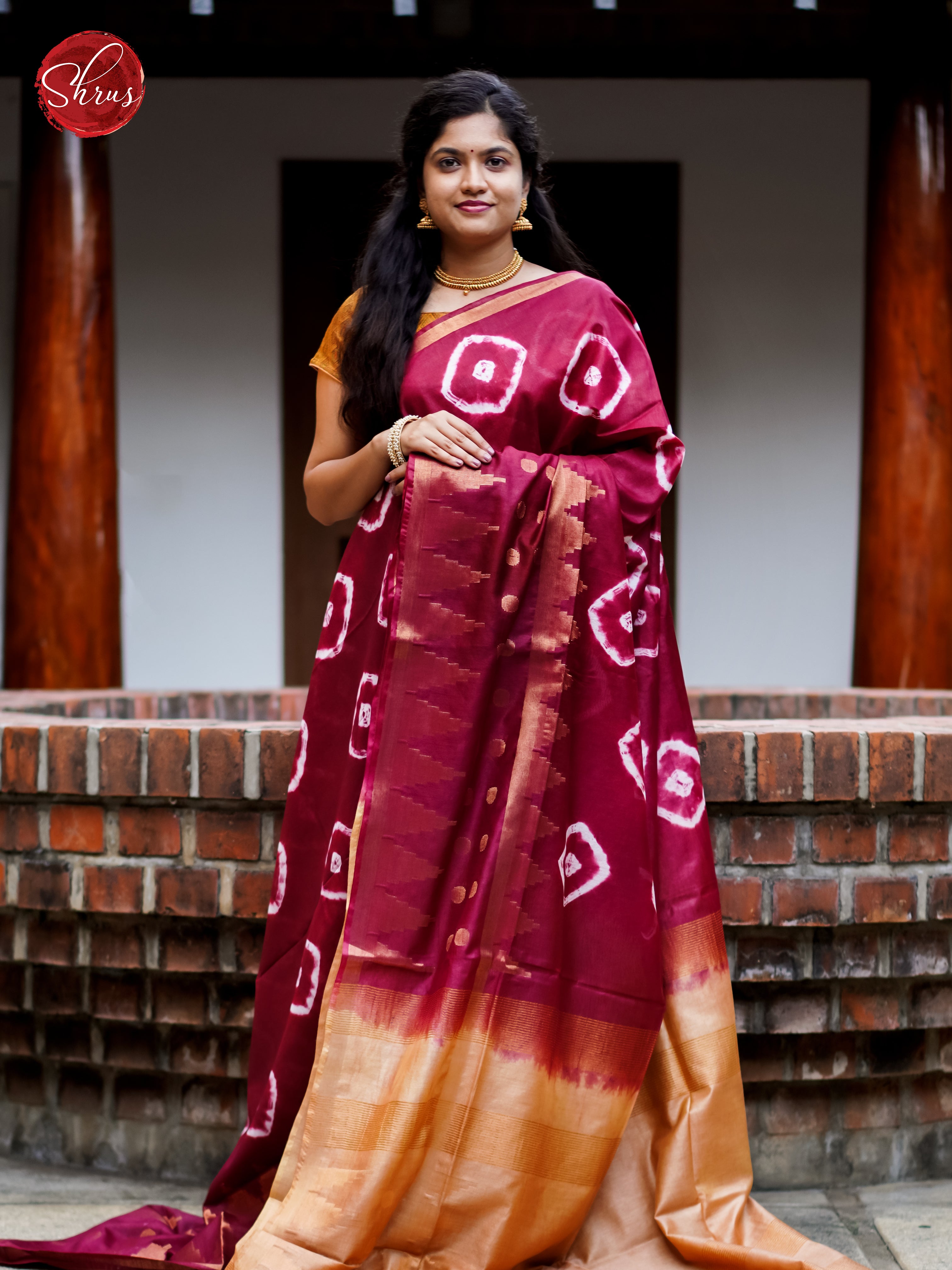 Maroon & Sandal - Shibori Saree - Shop on ShrusEternity.com