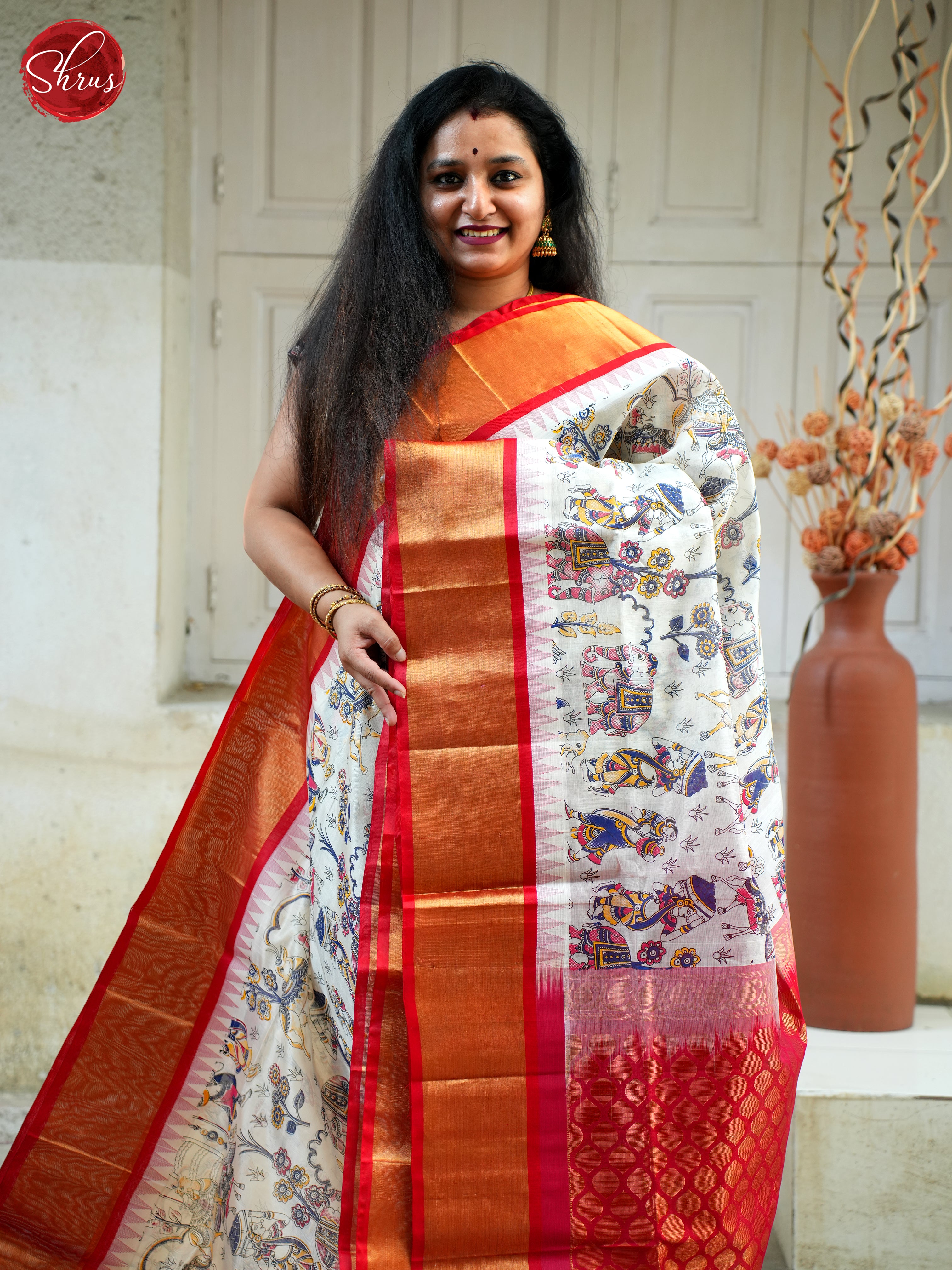 White & Red- Silk Cotton Saree - Shop on ShrusEternity.com