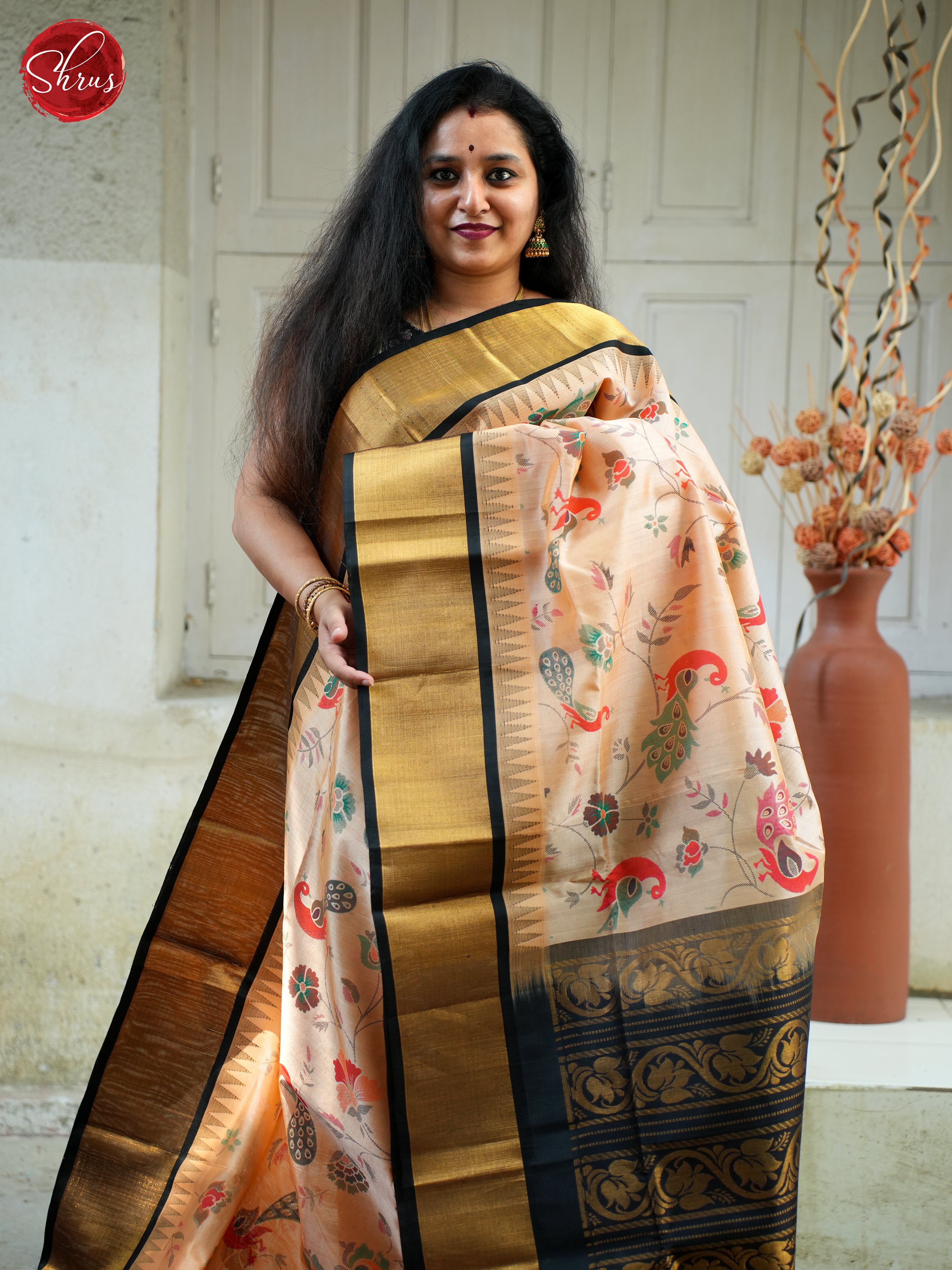 Peach & Black - Silk Cotton Saree - Shop on ShrusEternity.com