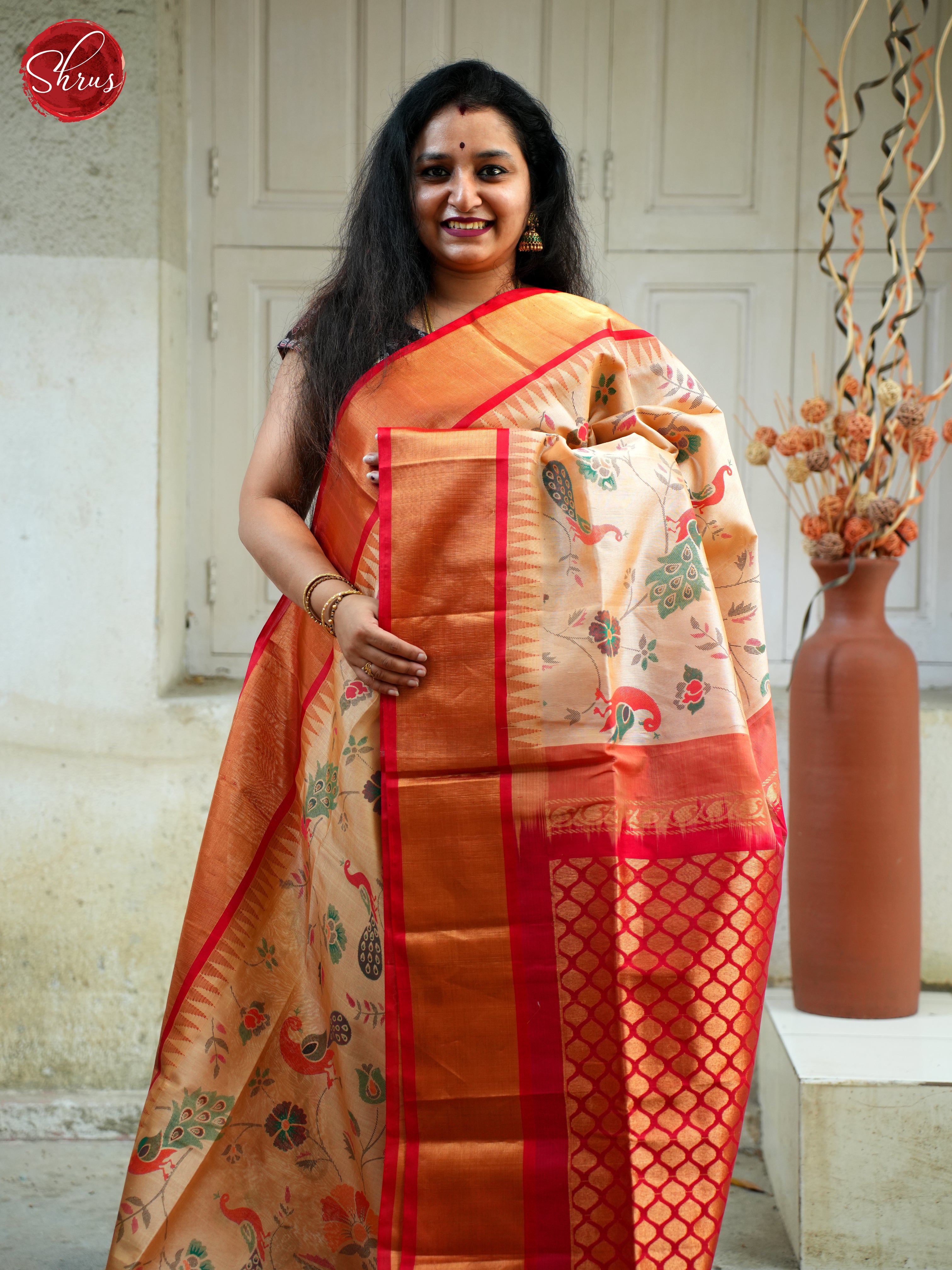 Peach & Red - Silk Cotton Saree - Shop on ShrusEternity.com
