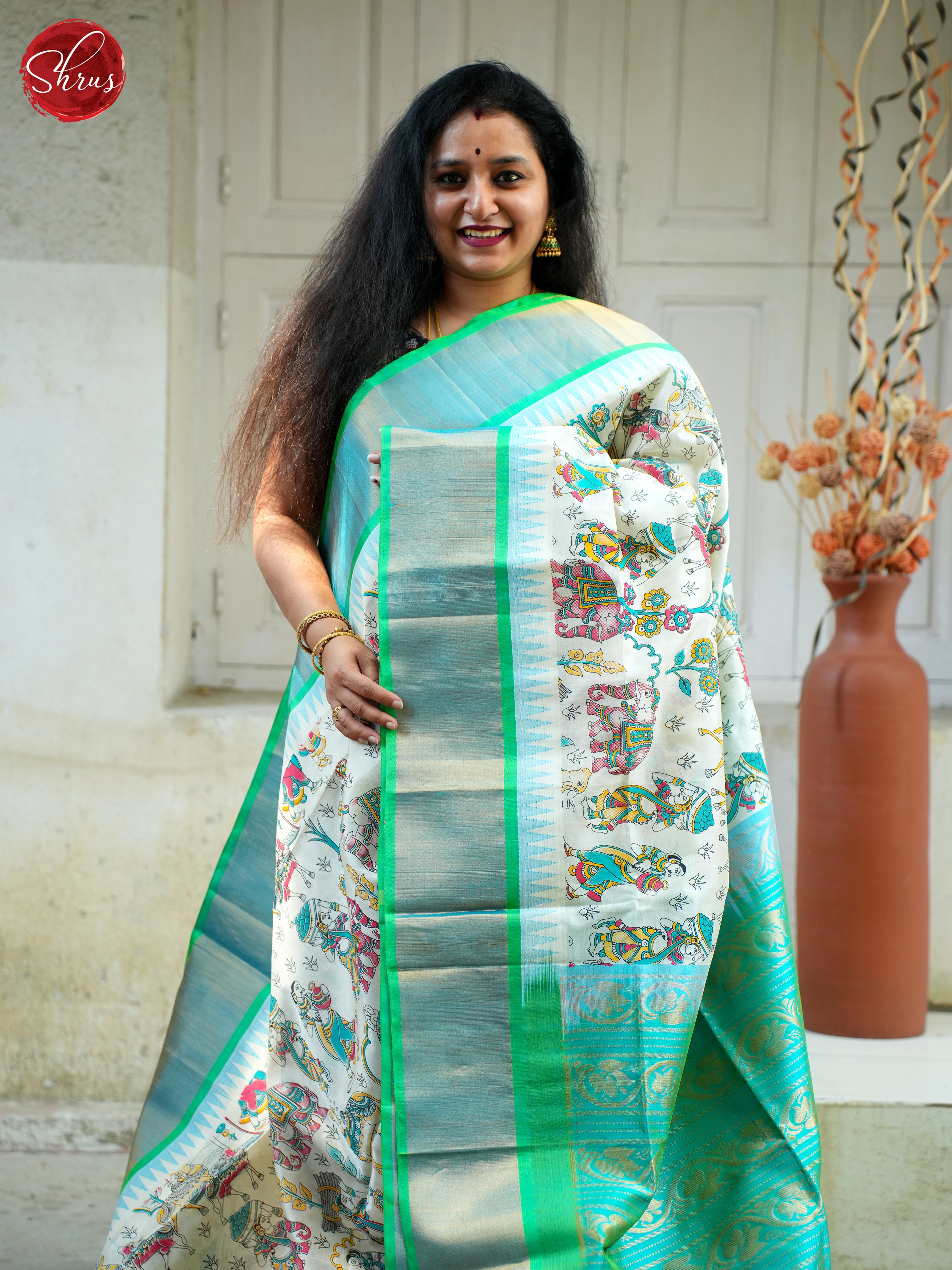 Cream & Green - Silk Cotton Saree - Shop on ShrusEternity.com